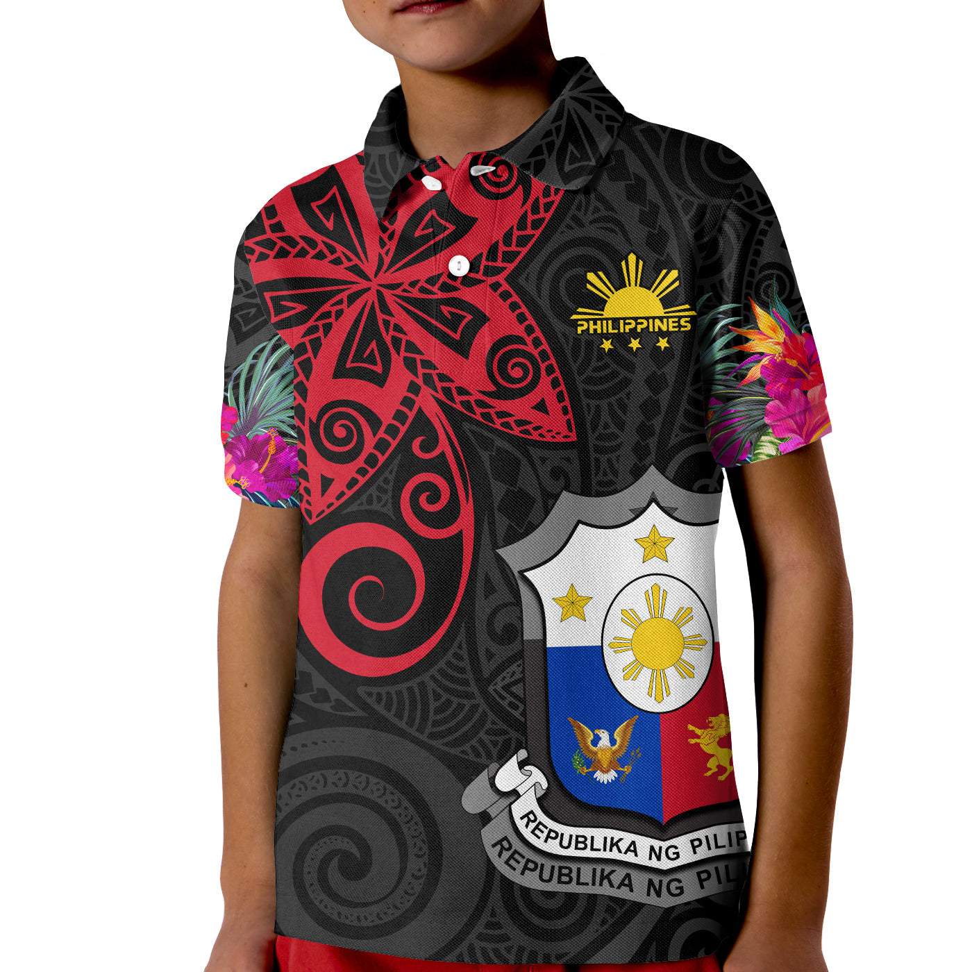 (Custom Personalised) Philippines Polo Shirt KID Sun Filipino Polynesian mix Flowers Black Vibe LT13 Kid Black - Polynesian Pride