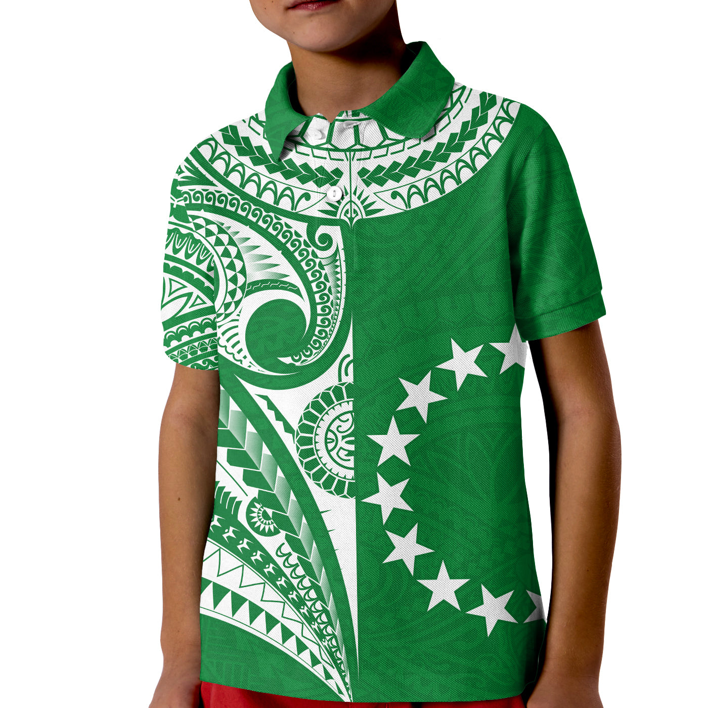 Cook Islands Tatau Polo Shirt KID Symbolize Passion Stars Version Green LT13 Kid Green - Polynesian Pride