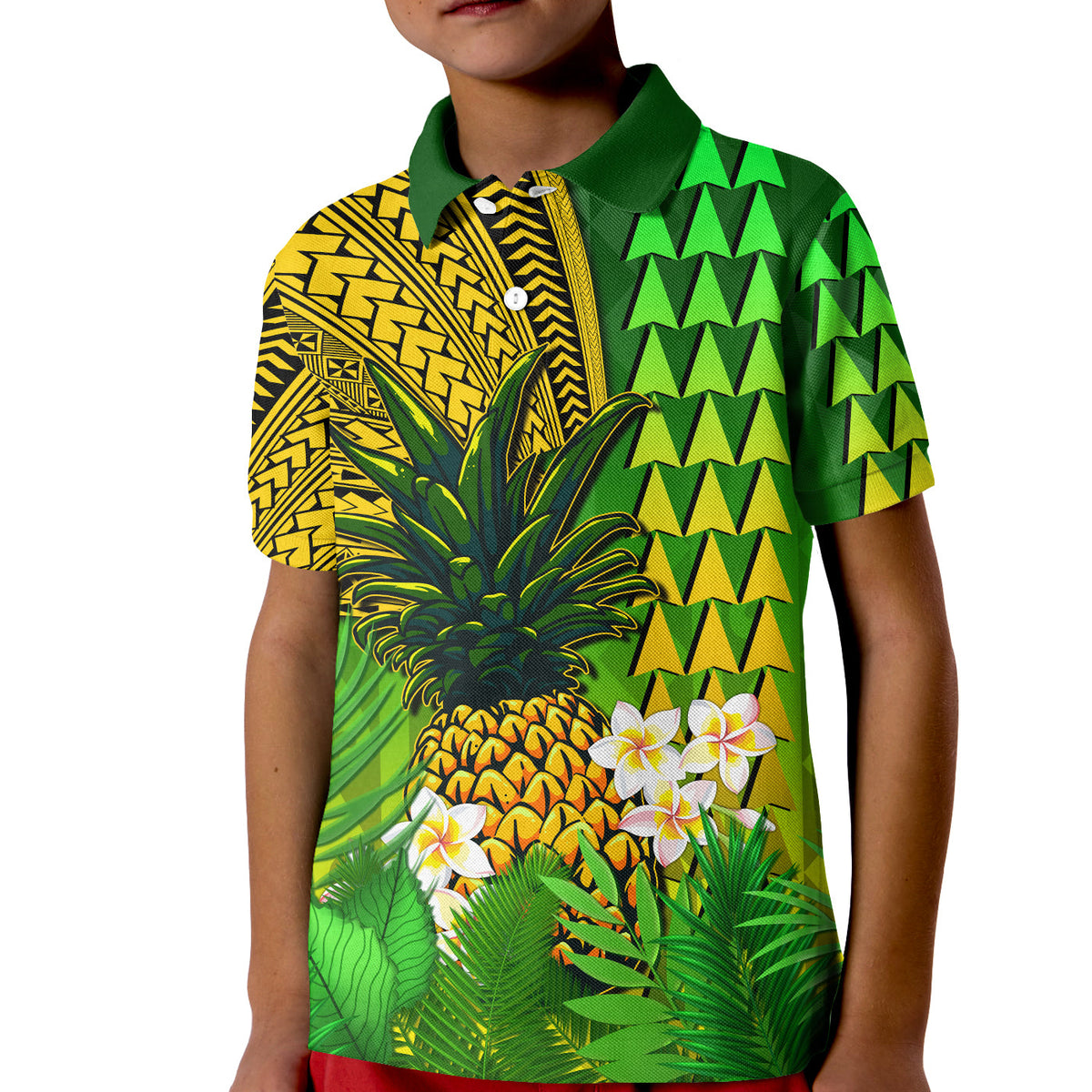 (Custom Personalised) Hawaii Pineapple Polo Shirt KID Plumeria Frangipani Mix Tribal Pattern LT13 - Polynesian Pride