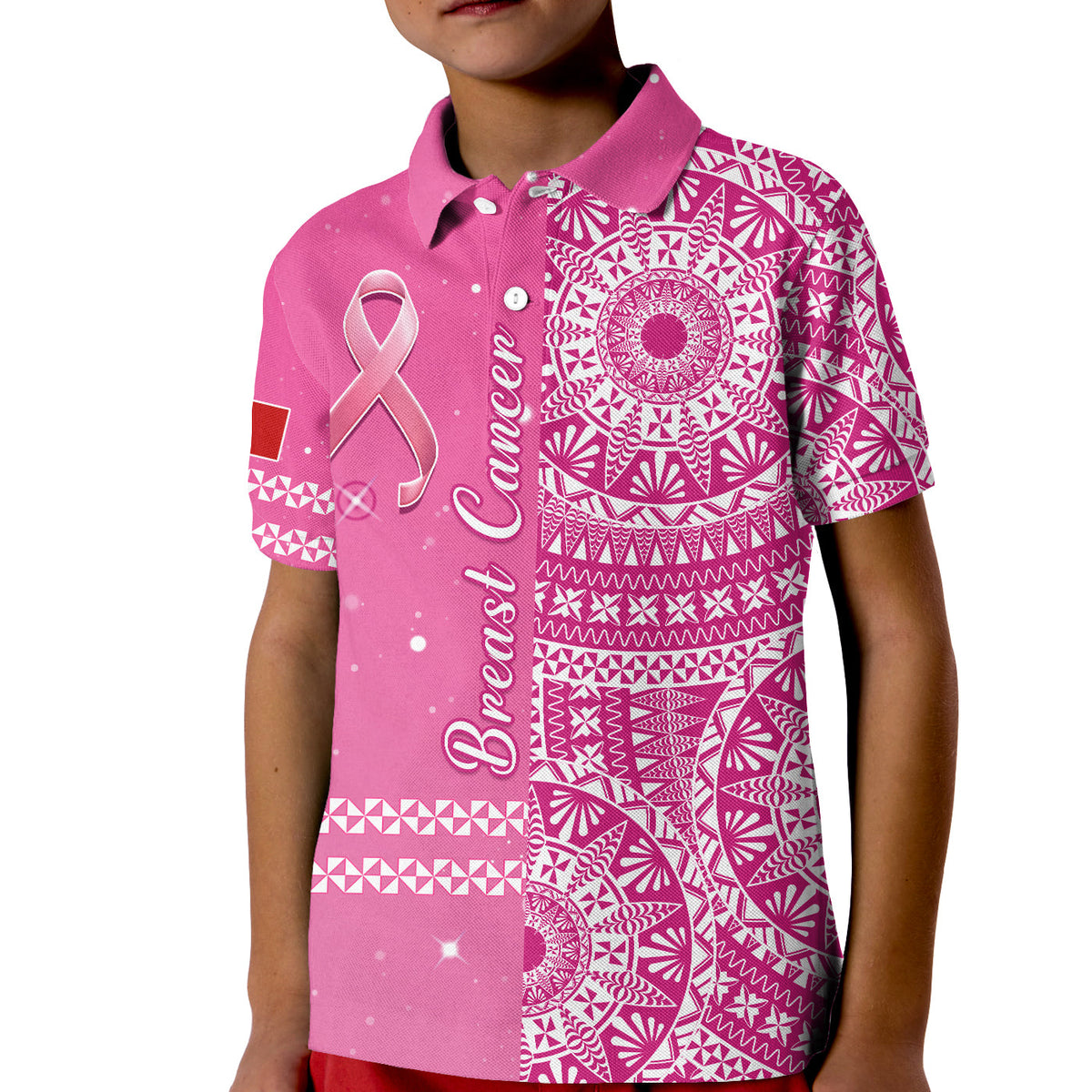 Tonga Breast Cancer Polo Shirt KID Tongan Ngatu Pattern No One Fights Alone LT14 Kid Pink - Polynesian Pride
