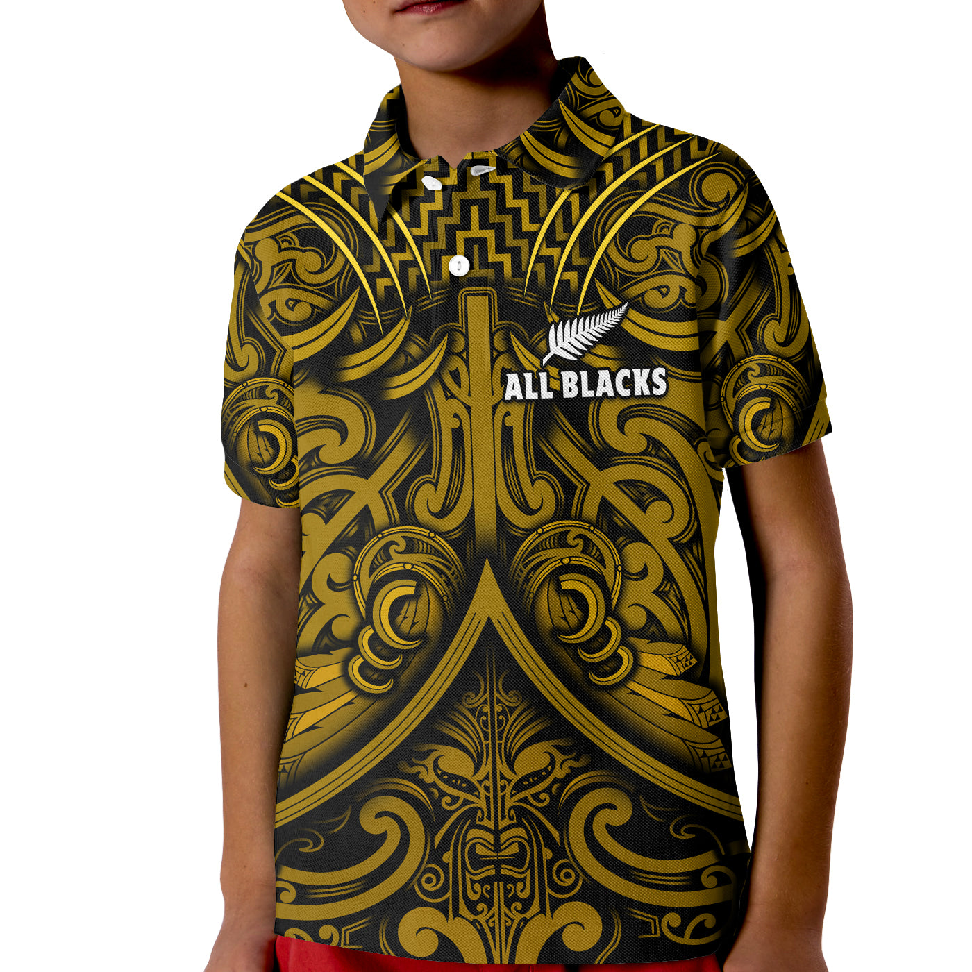 (Custom Text and Number) New Zealand Silver Fern Rugby Polo Shirt All Black Gold NZ Maori Pattern LT13 - Polynesian Pride