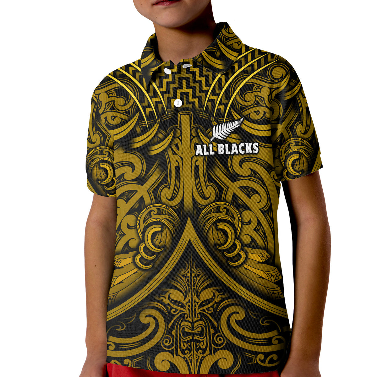 (Custom Text and Number) New Zealand Silver Fern Rugby Polo Shirt All Black Gold NZ Maori Pattern LT13 - Polynesian Pride