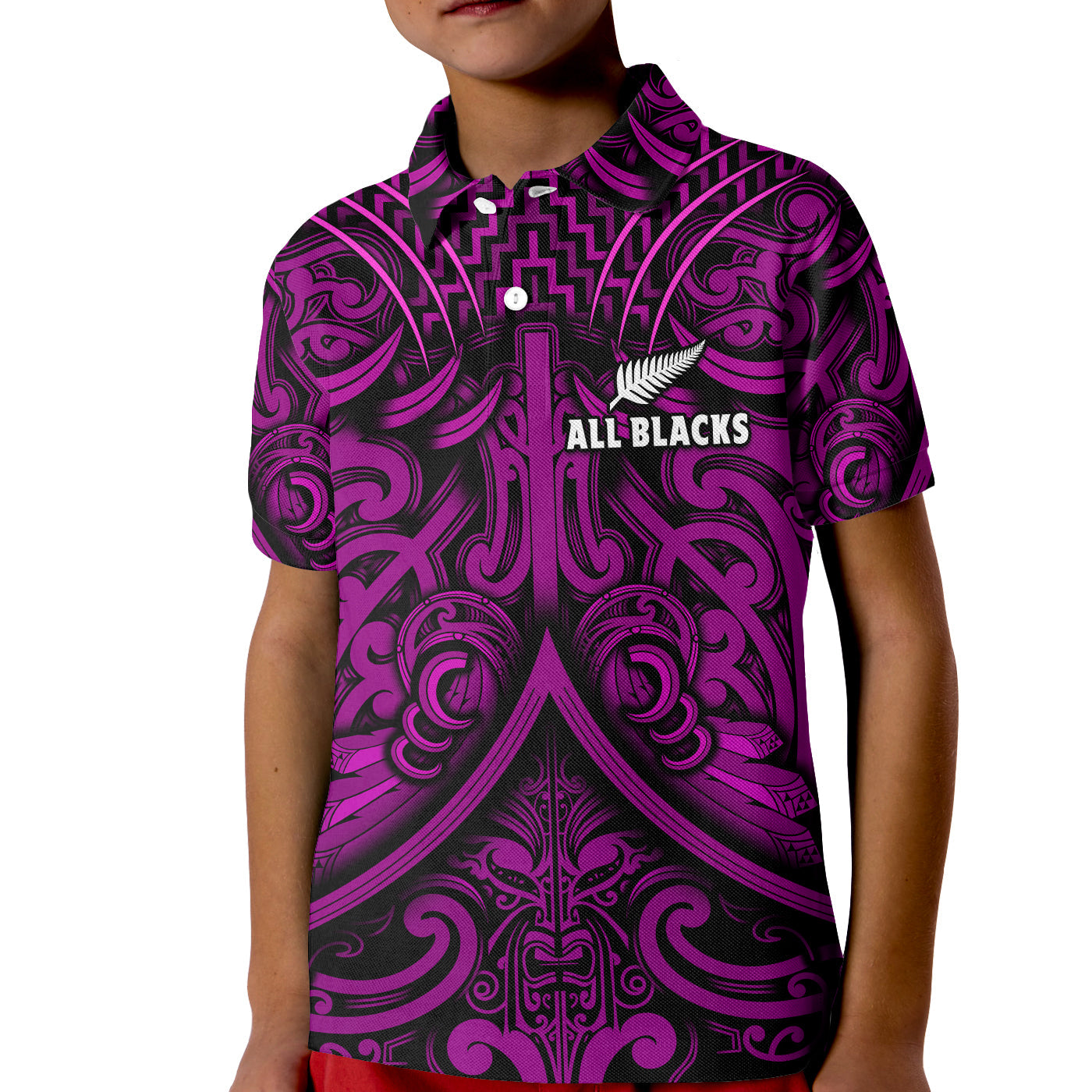 (Custom Text and Number) New Zealand Silver Fern Rugby Polo Shirt KID All Black Purple NZ Maori Pattern LT13 Kid Purple - Polynesian Pride