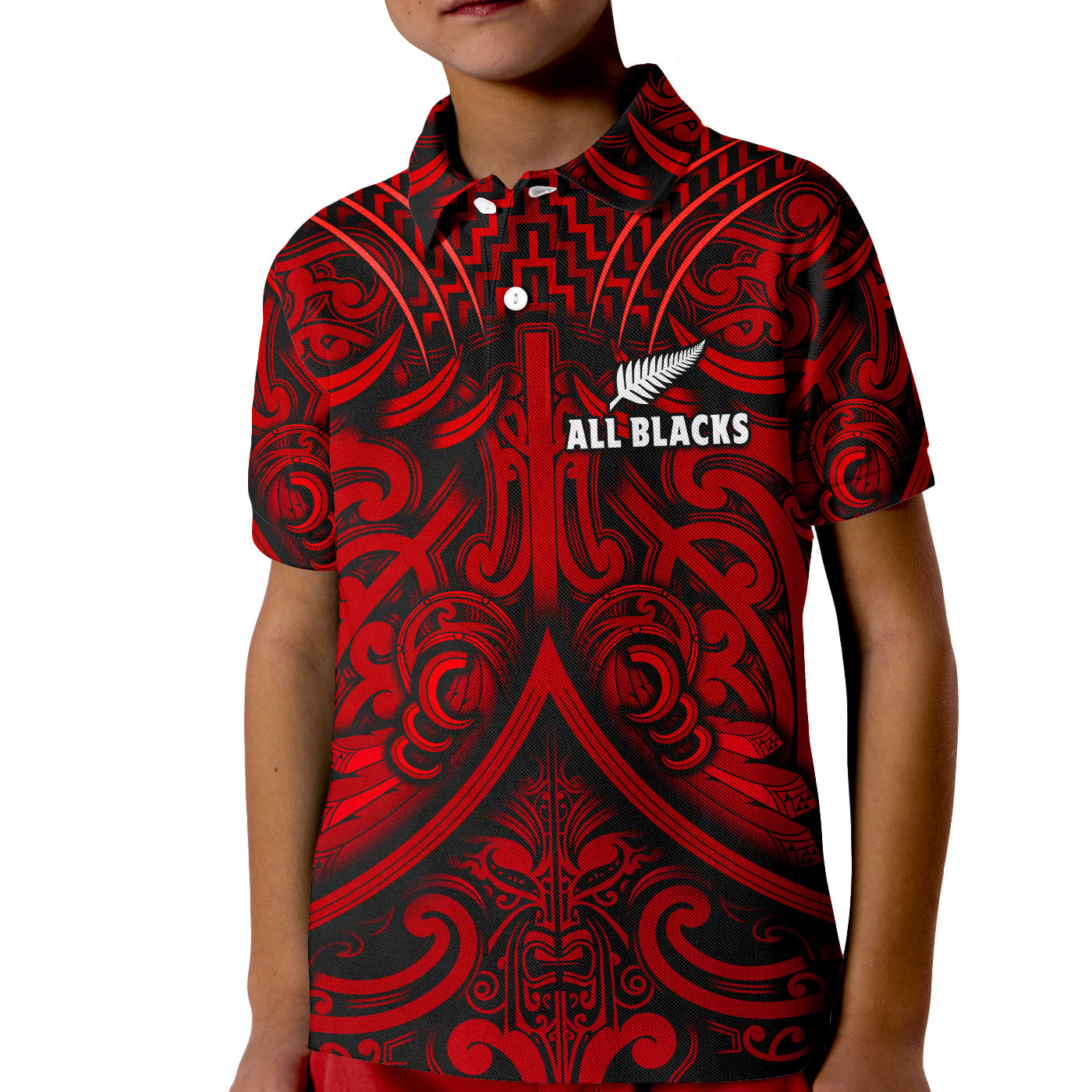 (Custom Text and Number) New Zealand Silver Fern Rugby Polo Shirt KID All Black Red NZ Maori Pattern LT13 Kid Red - Polynesian Pride