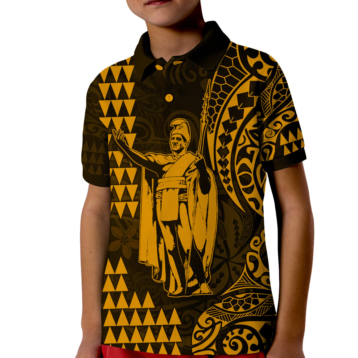 Hawaii Day Kakau Polo Shirt KID Proud To Be Hawaiian Gold King Kamehameha and Kanaka Maoli LT13 Kid Gold - Polynesian Pride