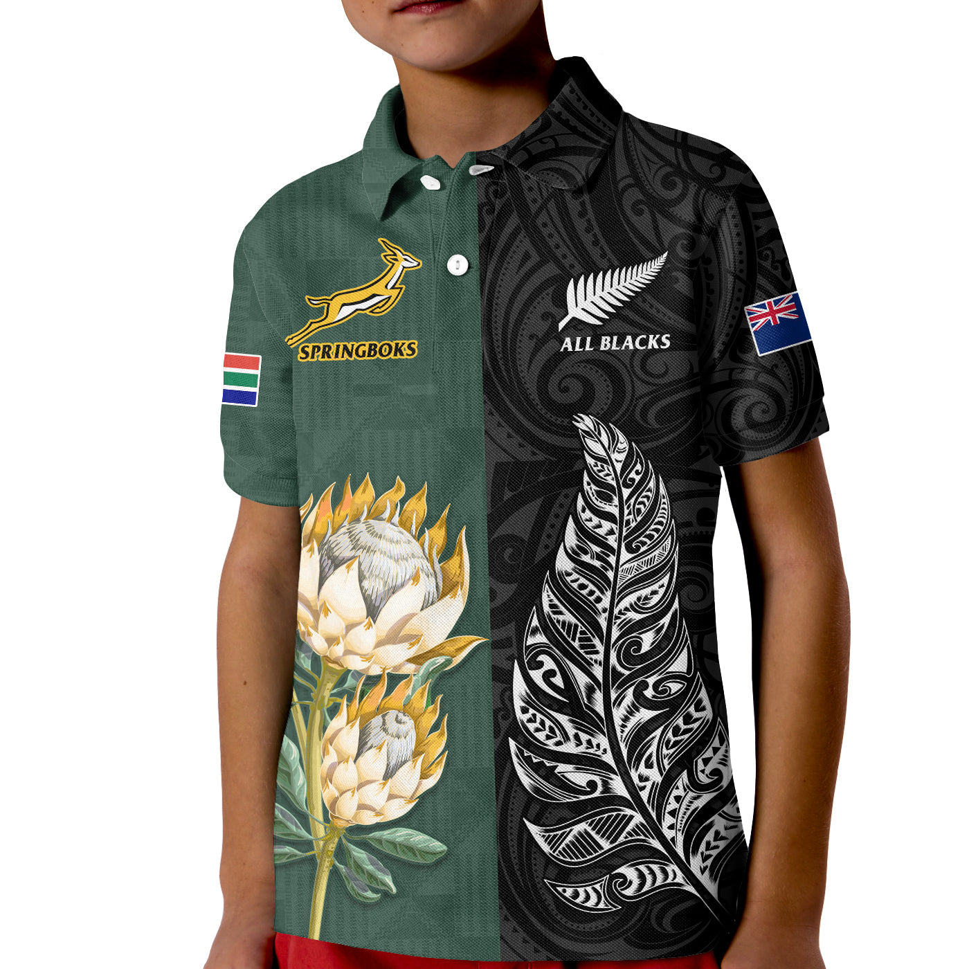 South Africa Protea and New Zealand Fern Polo Shirt KID Rugby Go Springboks vs All Black LT13 Kid Art - Polynesian Pride