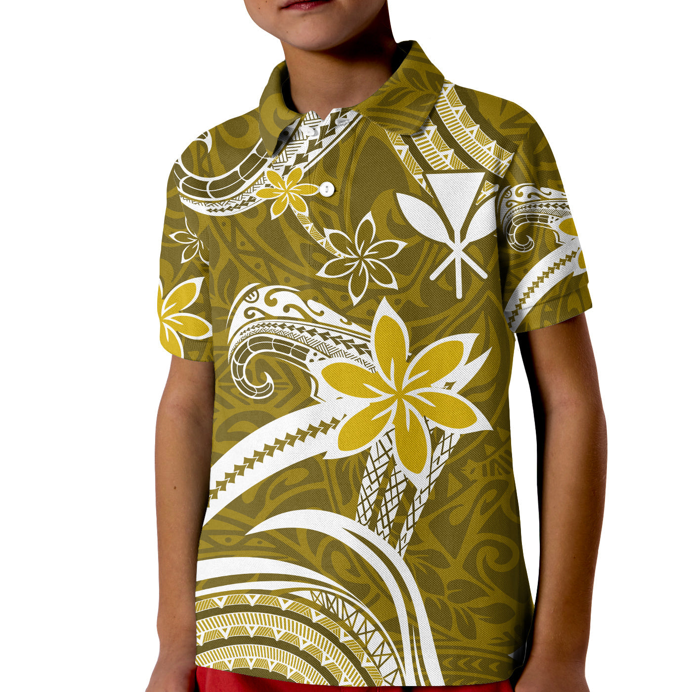 (Custom Personalised) Hawaii Flowers Wave Polo Shirt KID Kanaka Maoli Gold Polynesian LT13 Kid Gold - Polynesian Pride