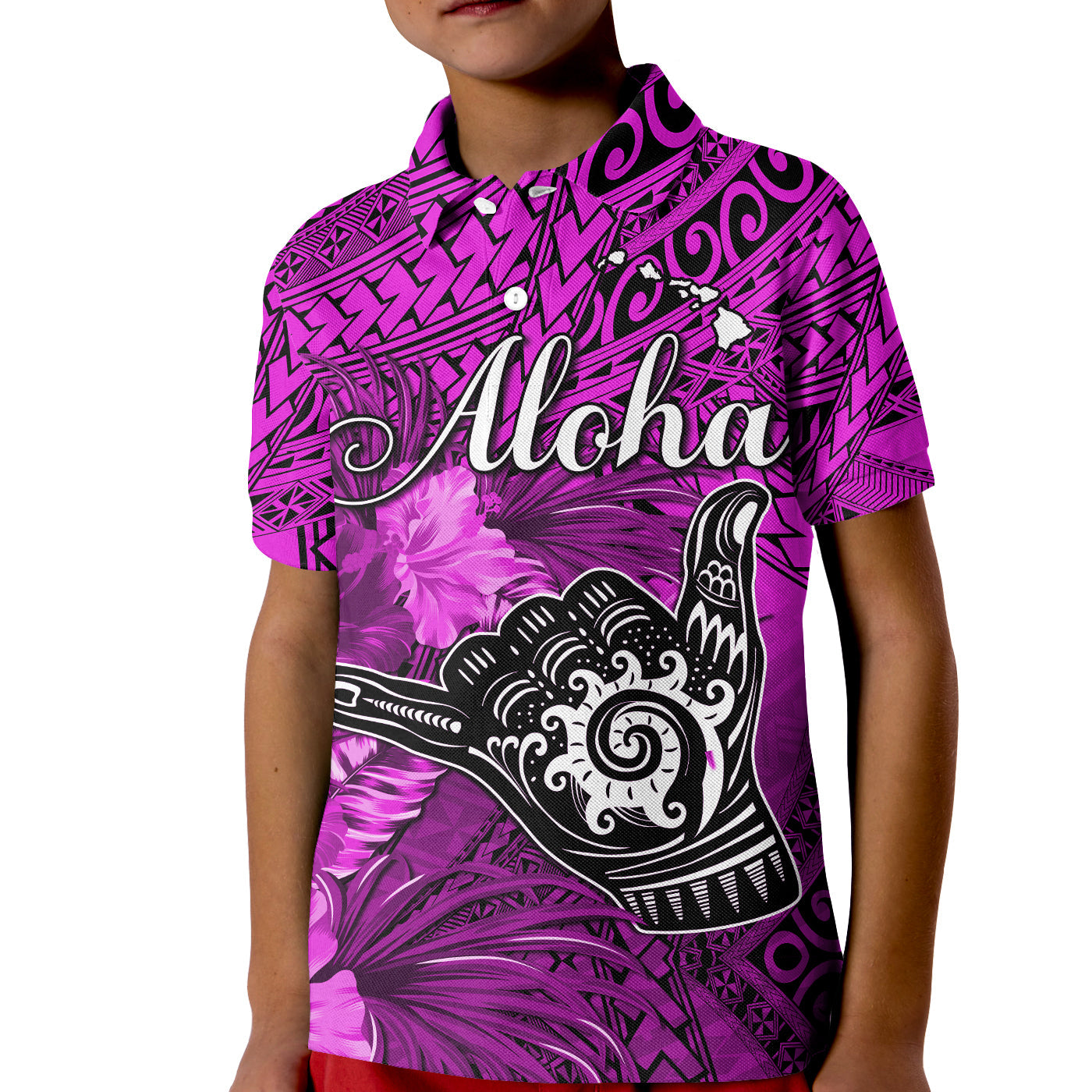 The Shaka Hawaii Polo Shirt KID Tropical Flowers Purple Version LT13 Kid Purple - Polynesian Pride