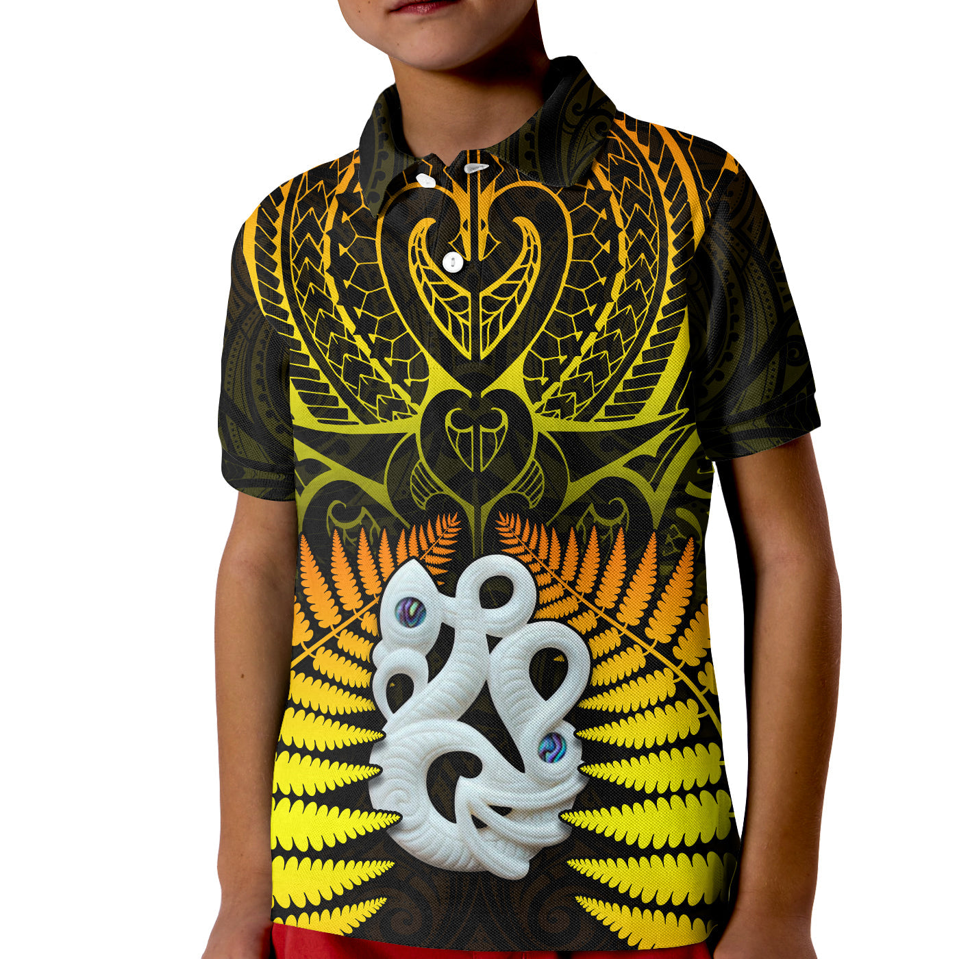 Aotearoa Fern Polo Shirt KID New Zealand Hei Tiki Gold Style LT13 Kid Gold - Polynesian Pride