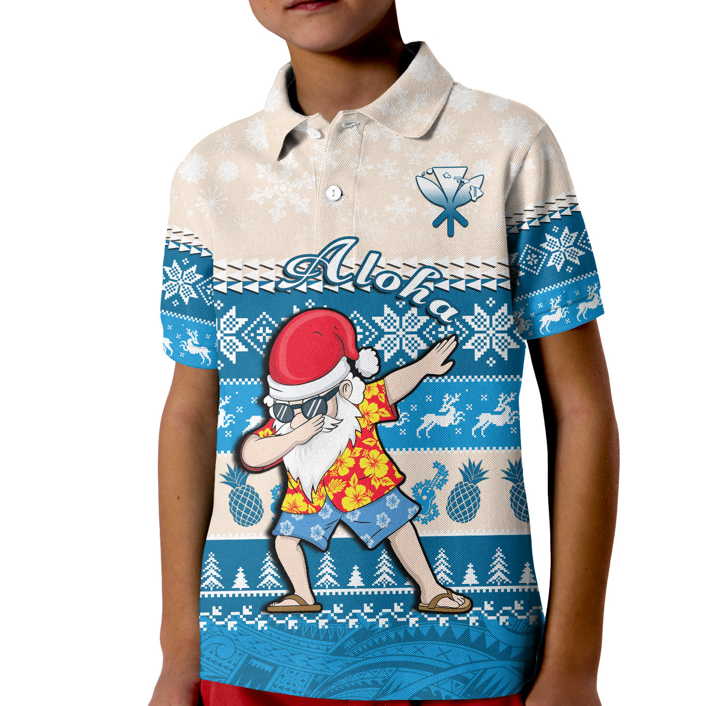 (Custom Personalised) Hawaii Mele Kalikimaka Polo Shirt KID Dabbing Santa Blue Merry Christmas LT14 Kid Blue - Polynesian Pride