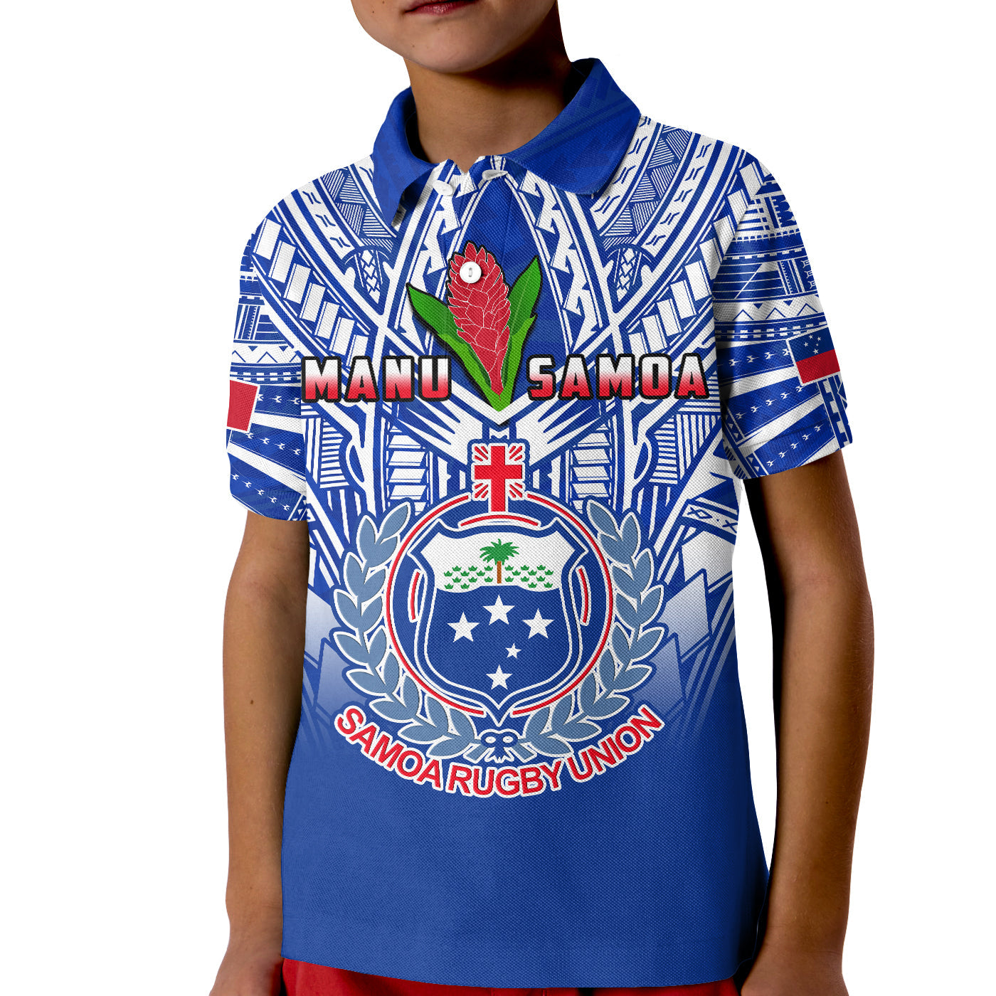 Samoa Rugby Polo Shirt KID Manu Samoa 7s Ginger Blue Polynesian LT14 Kid Blue - Polynesian Pride