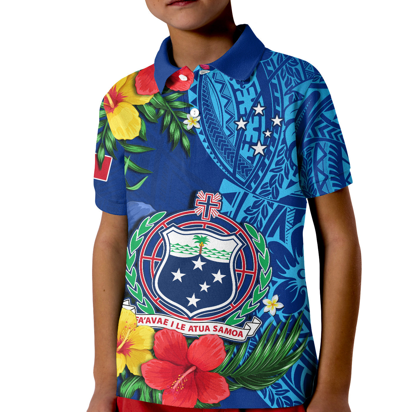 Samoa Polo Shirt KID Coat Of Arms Mix Tropical Flowers LT14 Kid Blue - Polynesian Pride