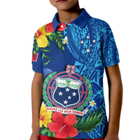 Samoa Polo Shirt KID Coat Of Arms Mix Tropical Flowers LT14 Kid Blue - Polynesian Pride