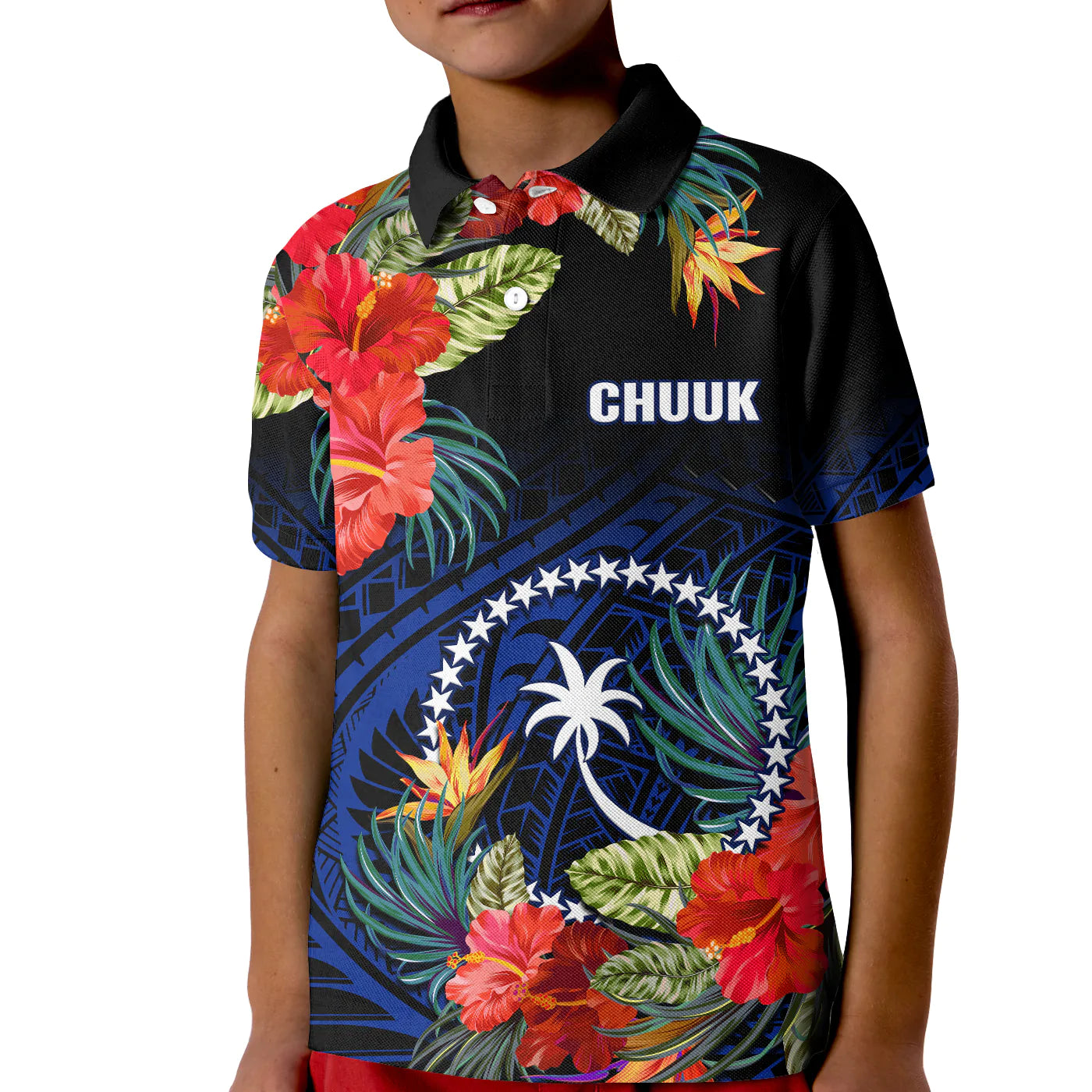 (Custom Personalised) Chuuk State Polo Shirt KID FSM Hibiscus Flowers Mix Polynesian LT14 Kid Blue - Polynesian Pride