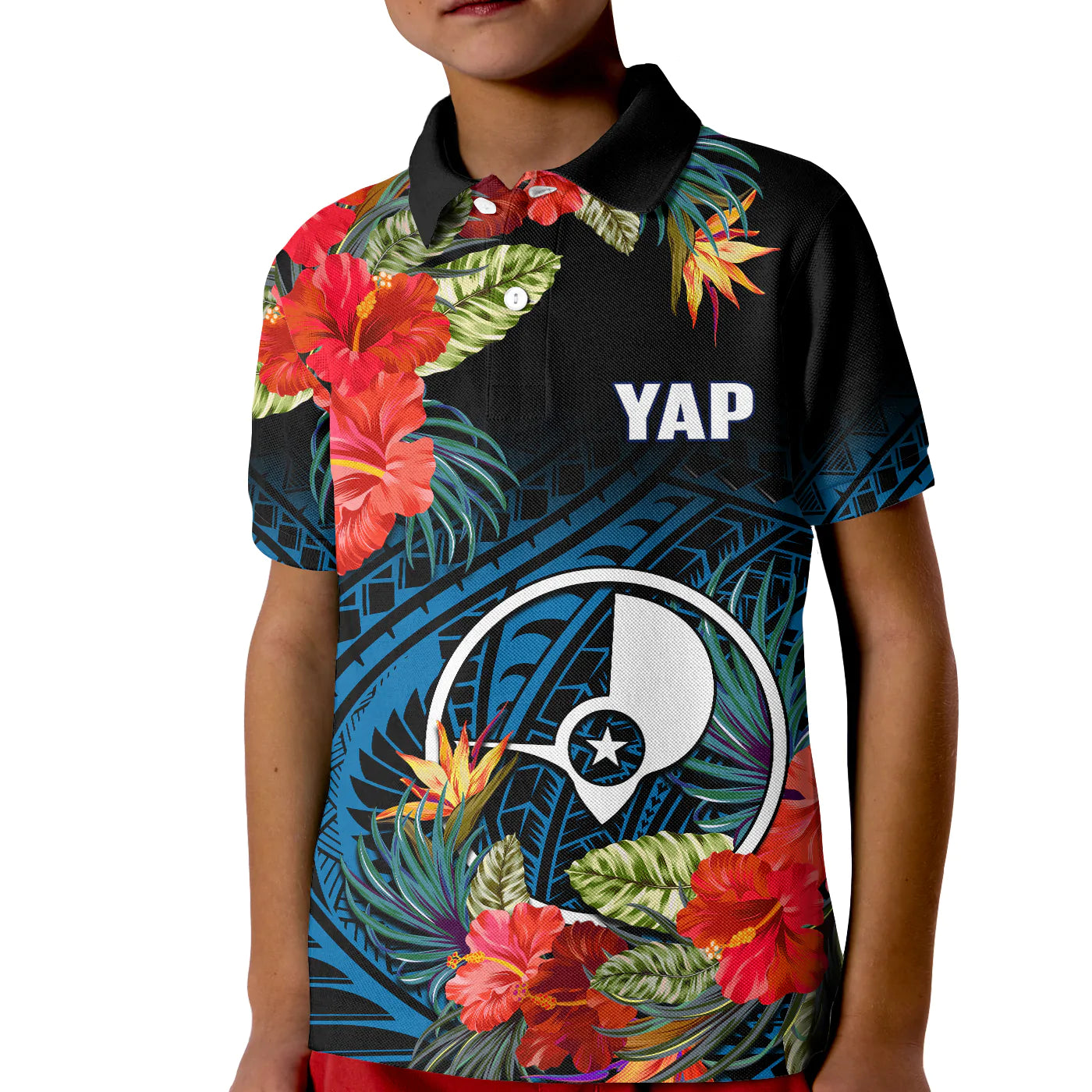 (Custom Personalised) Yap State Polo Shirt KID FSM Hibiscus Flowers Mix Polynesian LT14 Kid Blue - Polynesian Pride