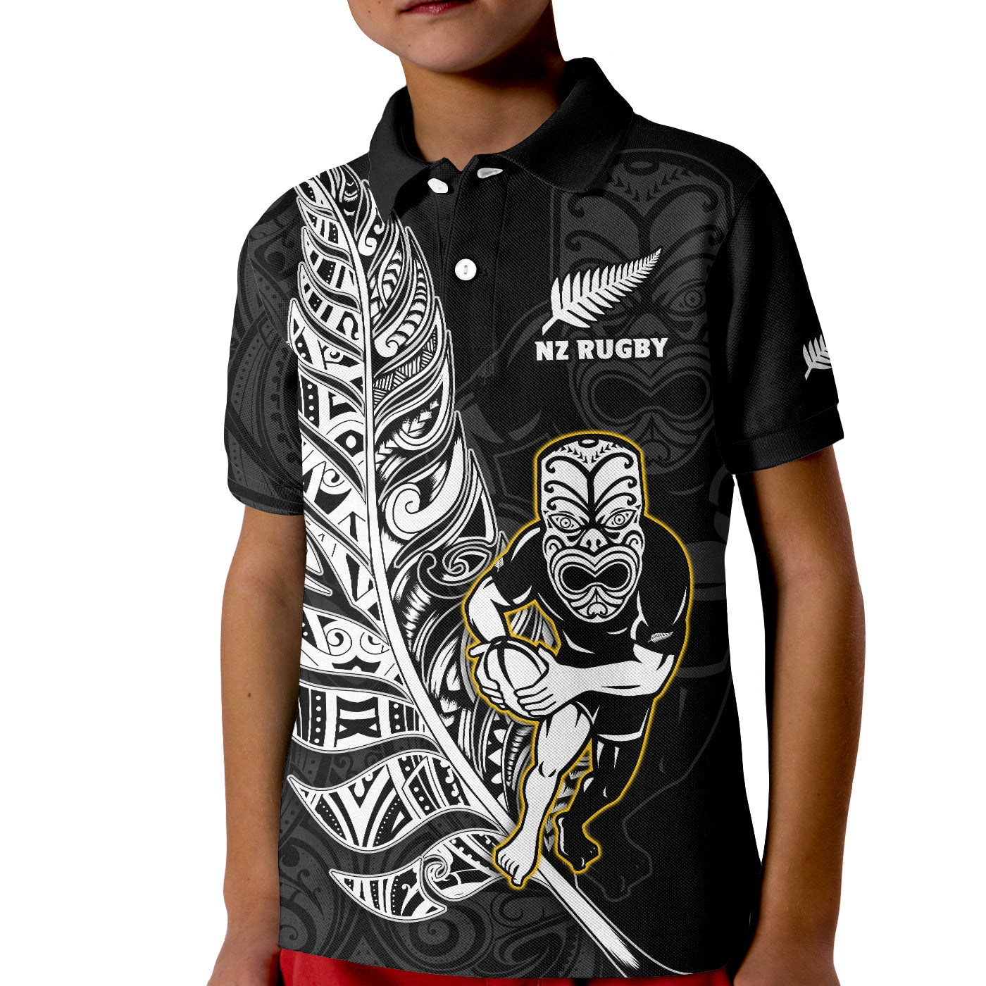 (Custom Text And Number) New Zealand Silver Fern Rugby Polo Shirt KID All Black Maori Version Black LT14 Kid Black - Polynesian Pride