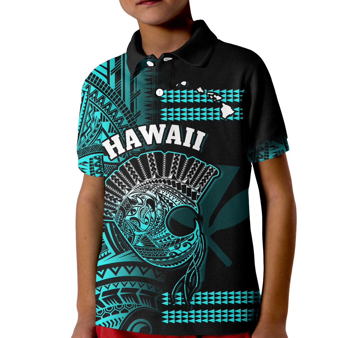 (Custom Personalised) Hawaii Polo Shirt KID Kakau Warrior Helmet Gradient Turquoise Polynesian LT14 Kid Turquoise - Polynesian Pride