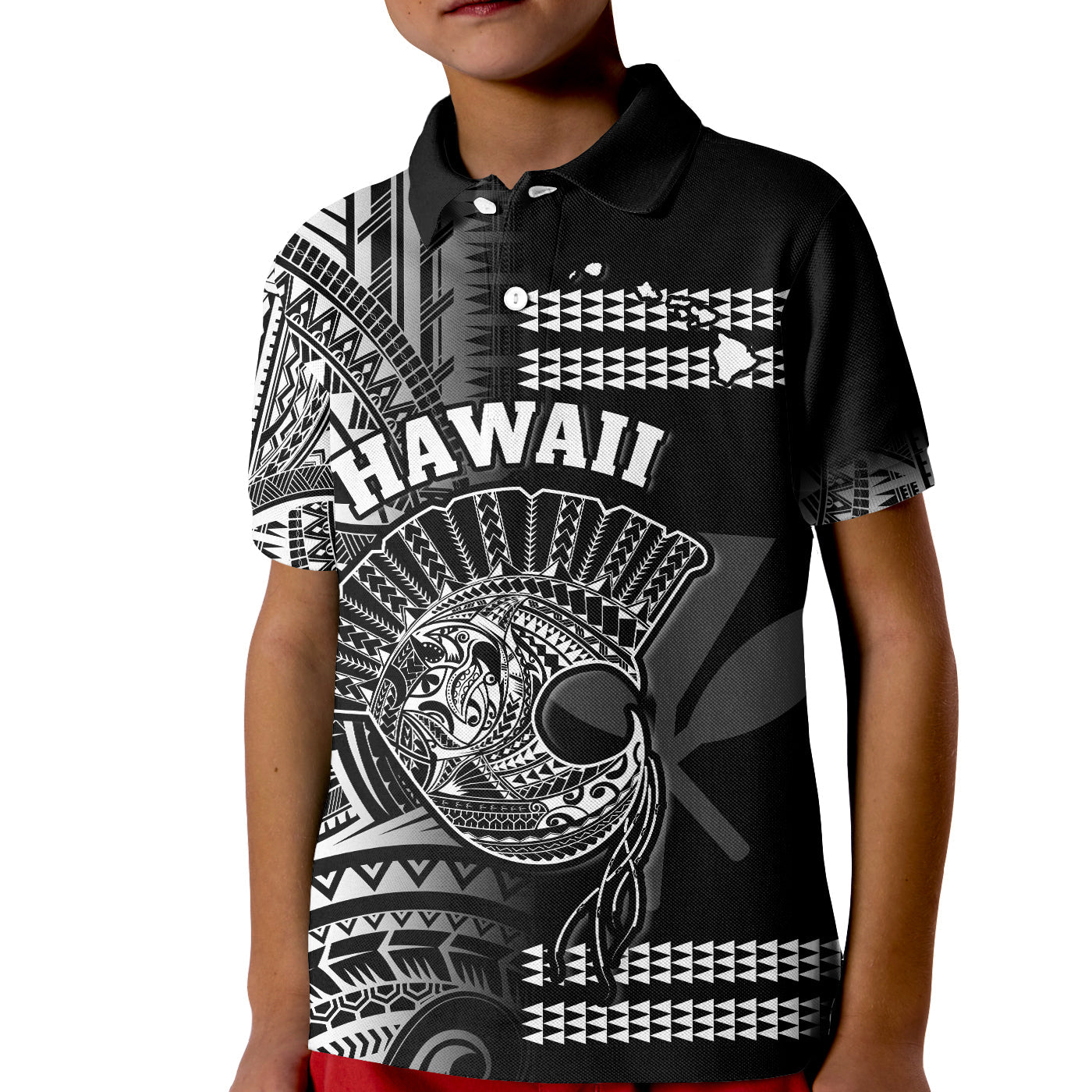 (Custom Personalised) Hawaii Polo Shirt KID Kakau Warrior Helmet Gradient White Polynesian LT14 Kid White - Polynesian Pride