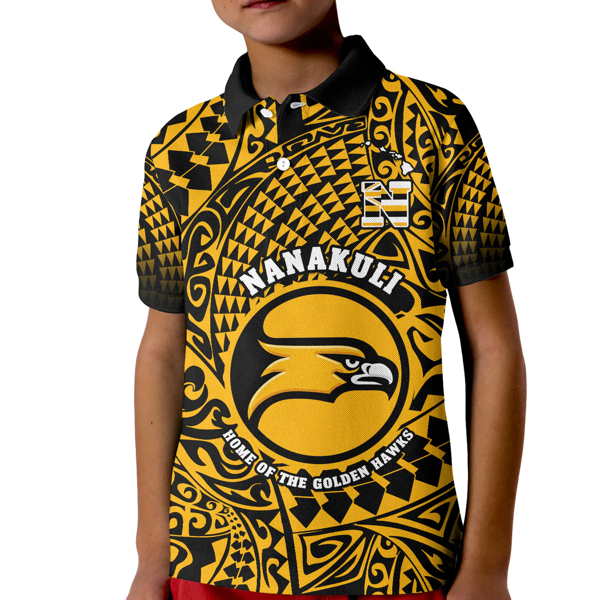 Hawaii Polo Shirt KID Nanakuli High and Intermediate School Tribal Kakau LT14 Kid Gold - Polynesian Pride