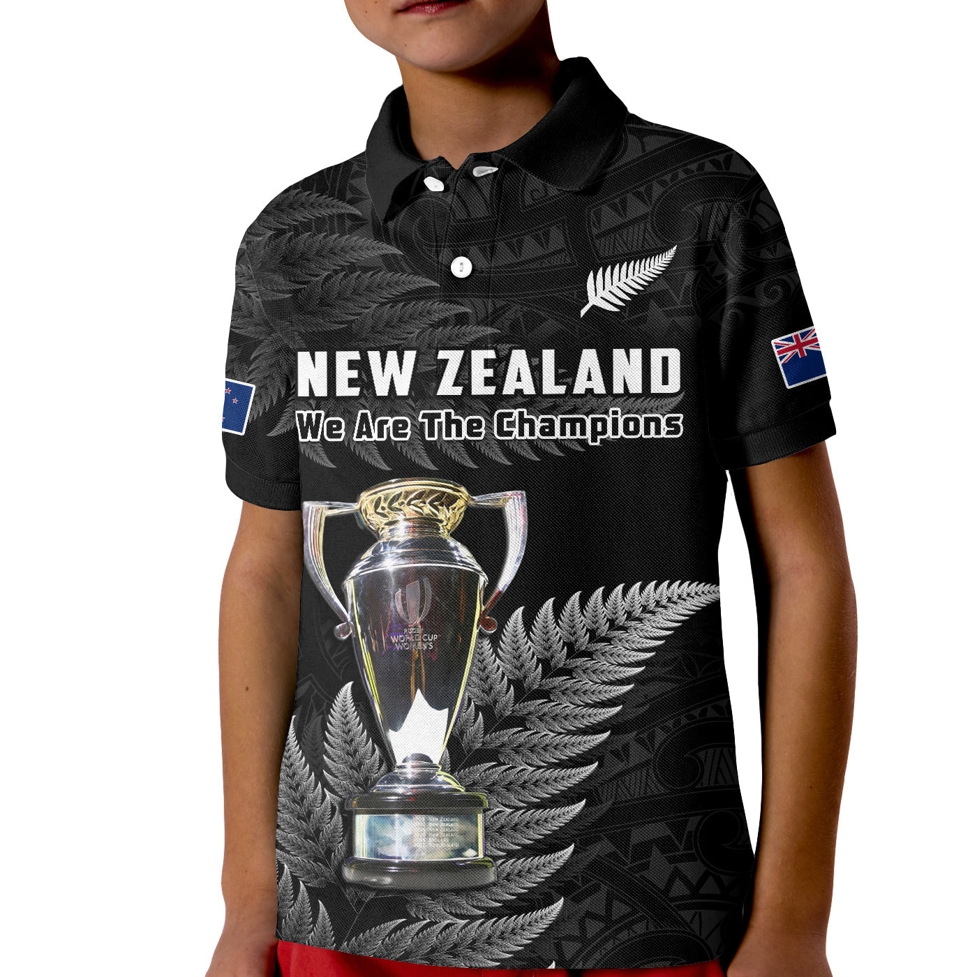 New Zealand 2022 Rugby Polo Shirt KID Black Fern Proud Champions RWC LT14 Kid Black - Polynesian Pride