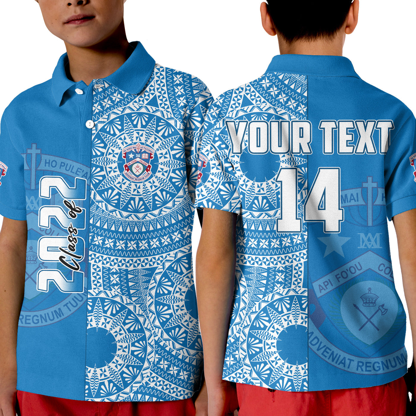 (Custom Text And Number) Apifoou Tonga College Polo Shirt KID Class Of Year Tongan Ngatu Pattern LT14 Kid Blue - Polynesian Pride