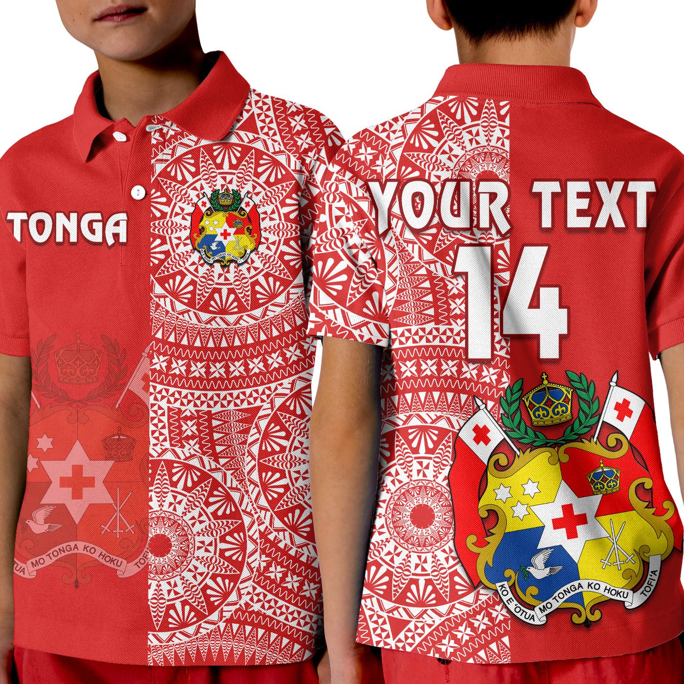 (Custom Text And Number) Tonga Polo Shirt KID Tongan Coat Of Arms Ngatu Pattern LT14 Kid Red - Polynesian Pride