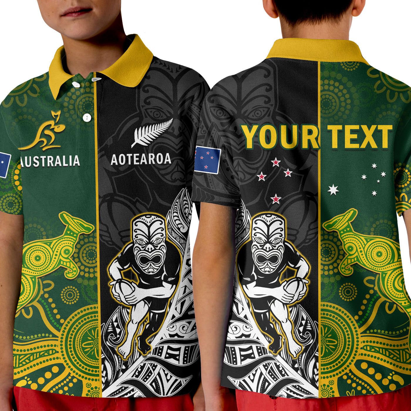 (Custom Personalised) Australia Rugby Mix Aotearoa Rugby Polo Shirt KID Wallabies All Black Special Version LT14 Kid Black - Polynesian Pride