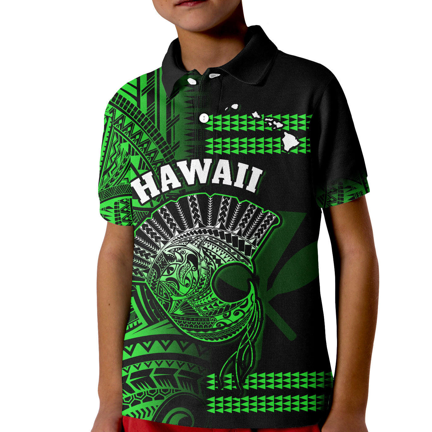 (Custom Personalised) Hawaii Polo Shirt KID Kakau Warrior Helmet Gradient Green Polynesian LT14 Kid Green - Polynesian Pride