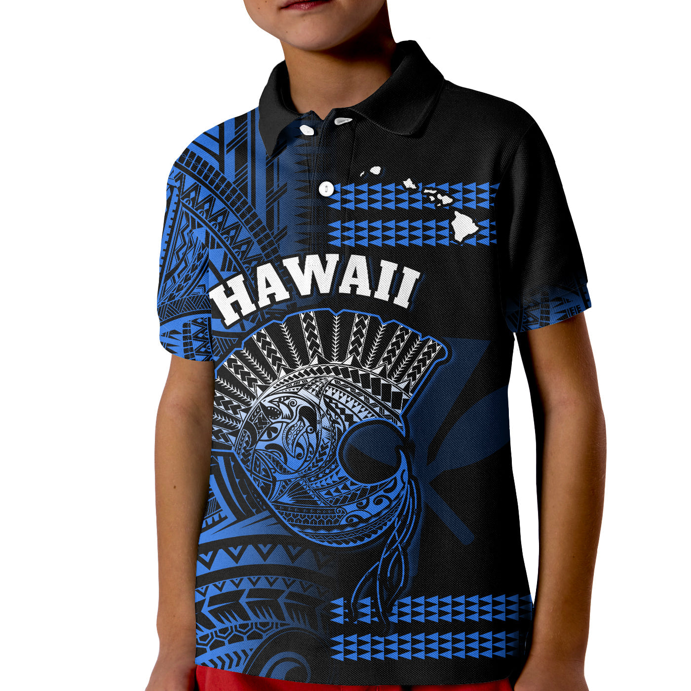 (Custom Personalised) Hawaii Polo Shirt KID Kakau Warrior Helmet Gradient Blue Polynesian LT14 Kid Blue - Polynesian Pride