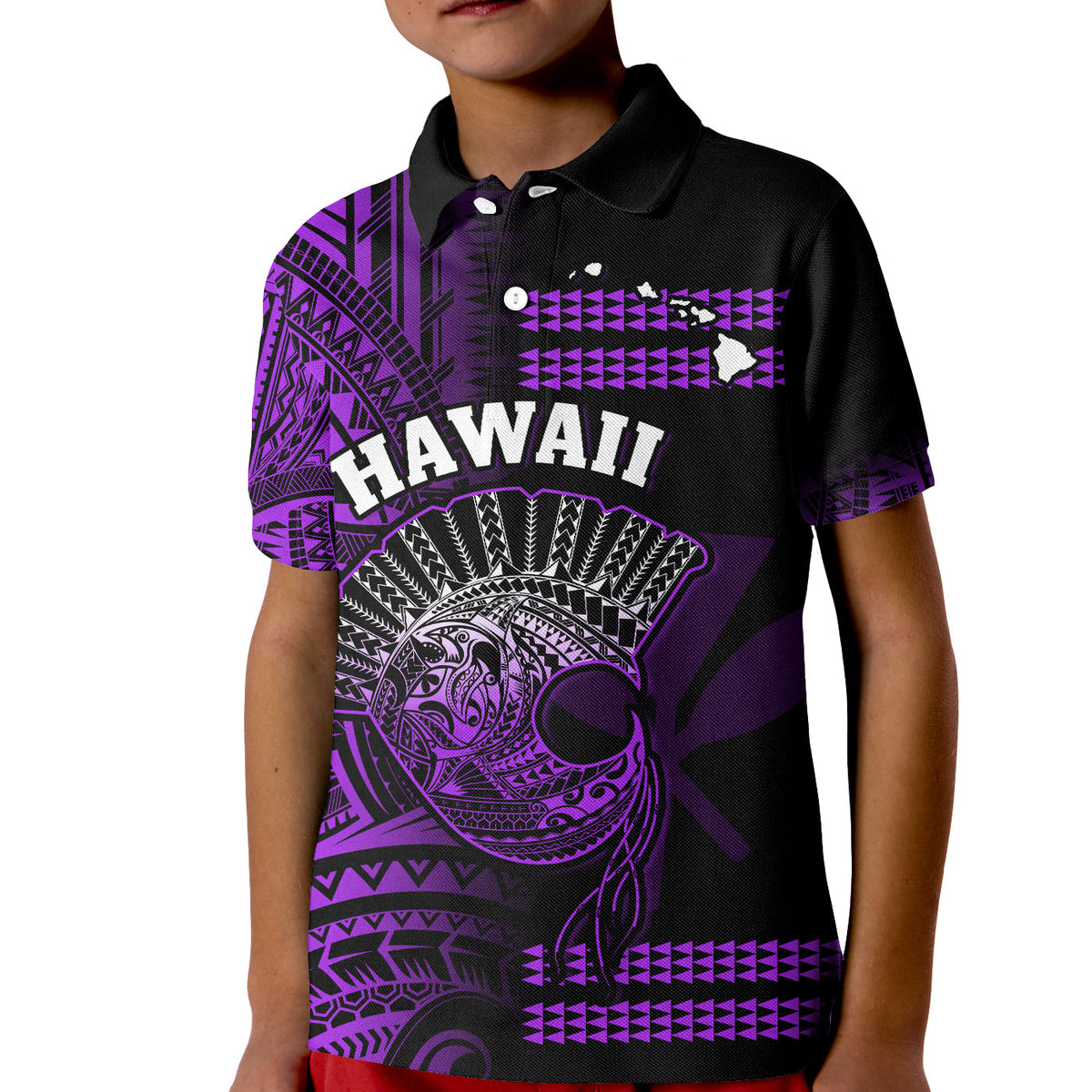 Hawaii Polo Shirt KID Kakau Warrior Helmet Gradient Purple Polynesian LT14 Kid Purple - Polynesian Pride