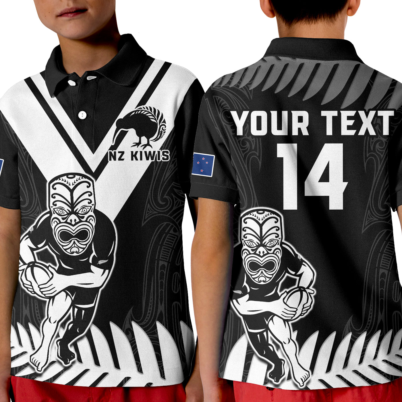 (Custom Text And Number) New Zealand Silver Fern Rugby Polo Shirt KID NZ Kiwi Pacific Maori Sporty LT14 Kid Black - Polynesian Pride