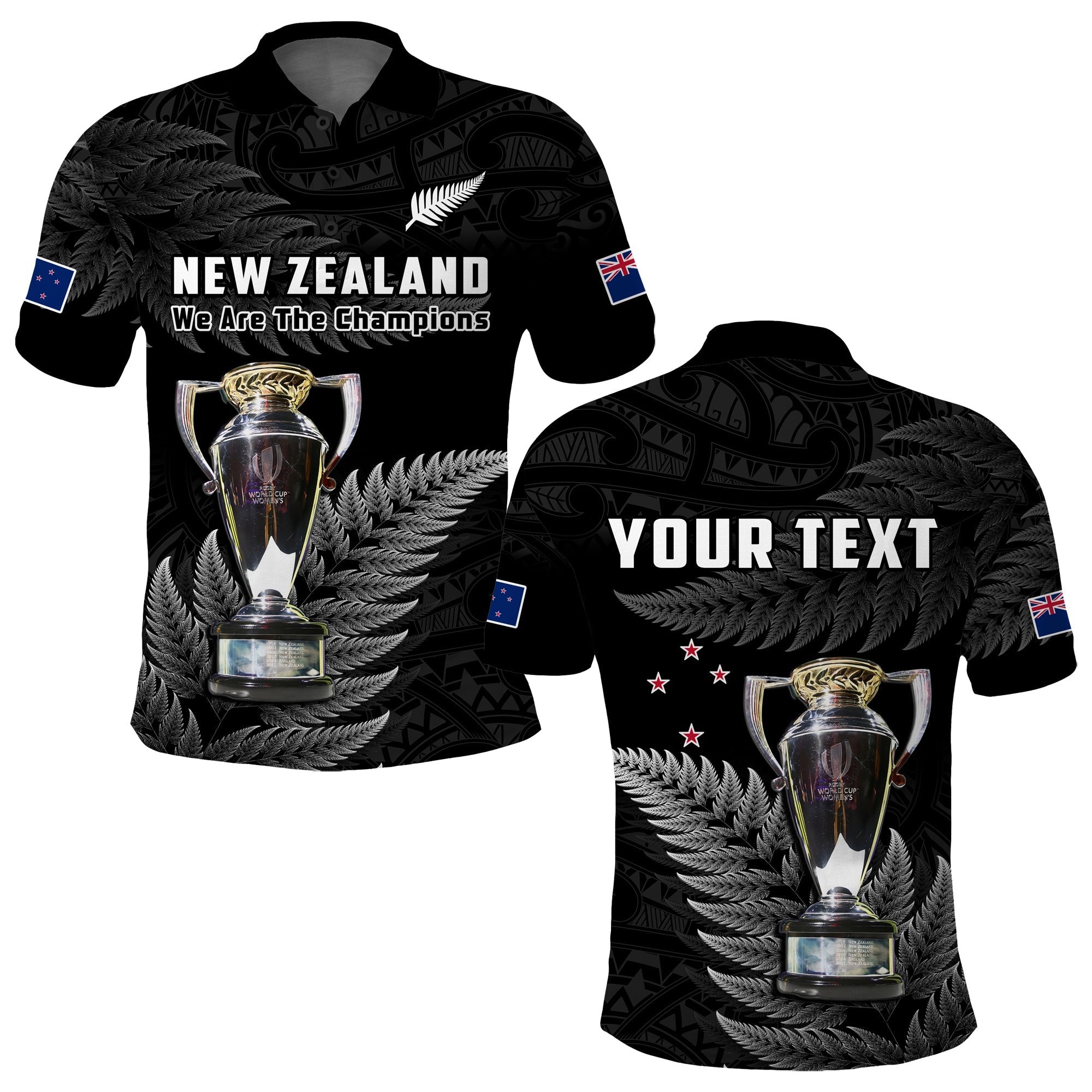 Custom New Zealand 2022 Rugby Polo Shirt Black Fern Proud Champions RWC LT14 Black - Polynesian Pride