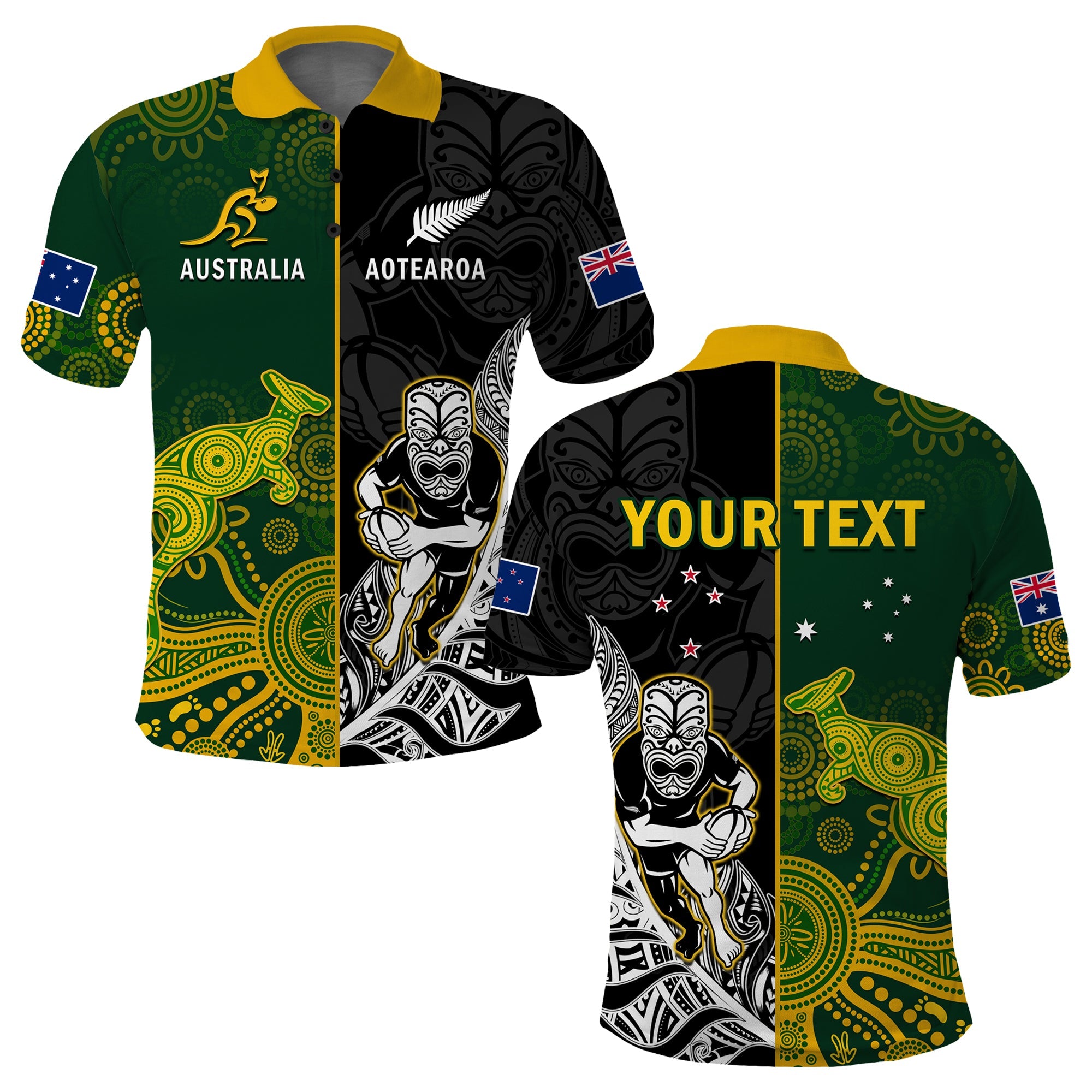 Custom Australia Rugby Mix Aotearoa Rugby Polo Shirt Wallabies All Black Special Version LT14 Black - Polynesian Pride