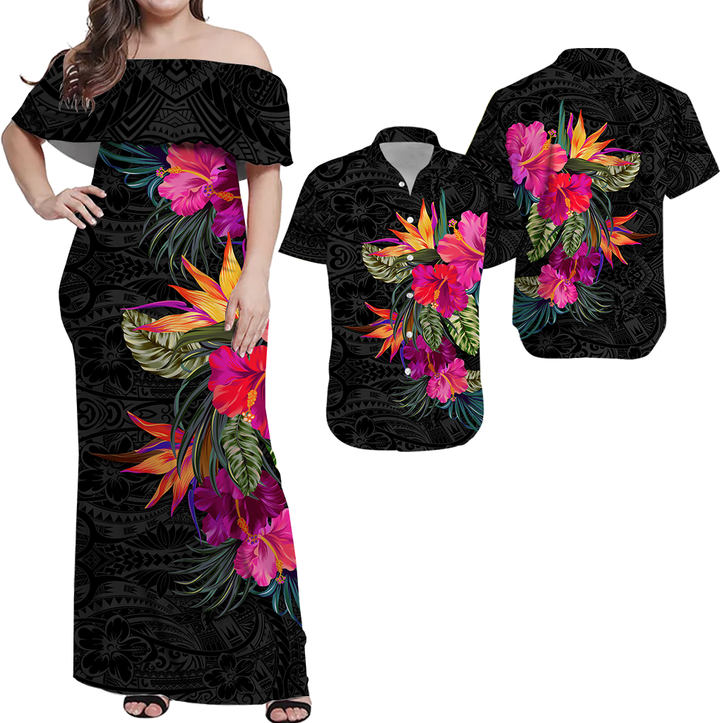 Polynesia Polynesian Hibiscus Tribal Matching Dress and Hawaiian Shirt LT12 Black - Polynesian Pride