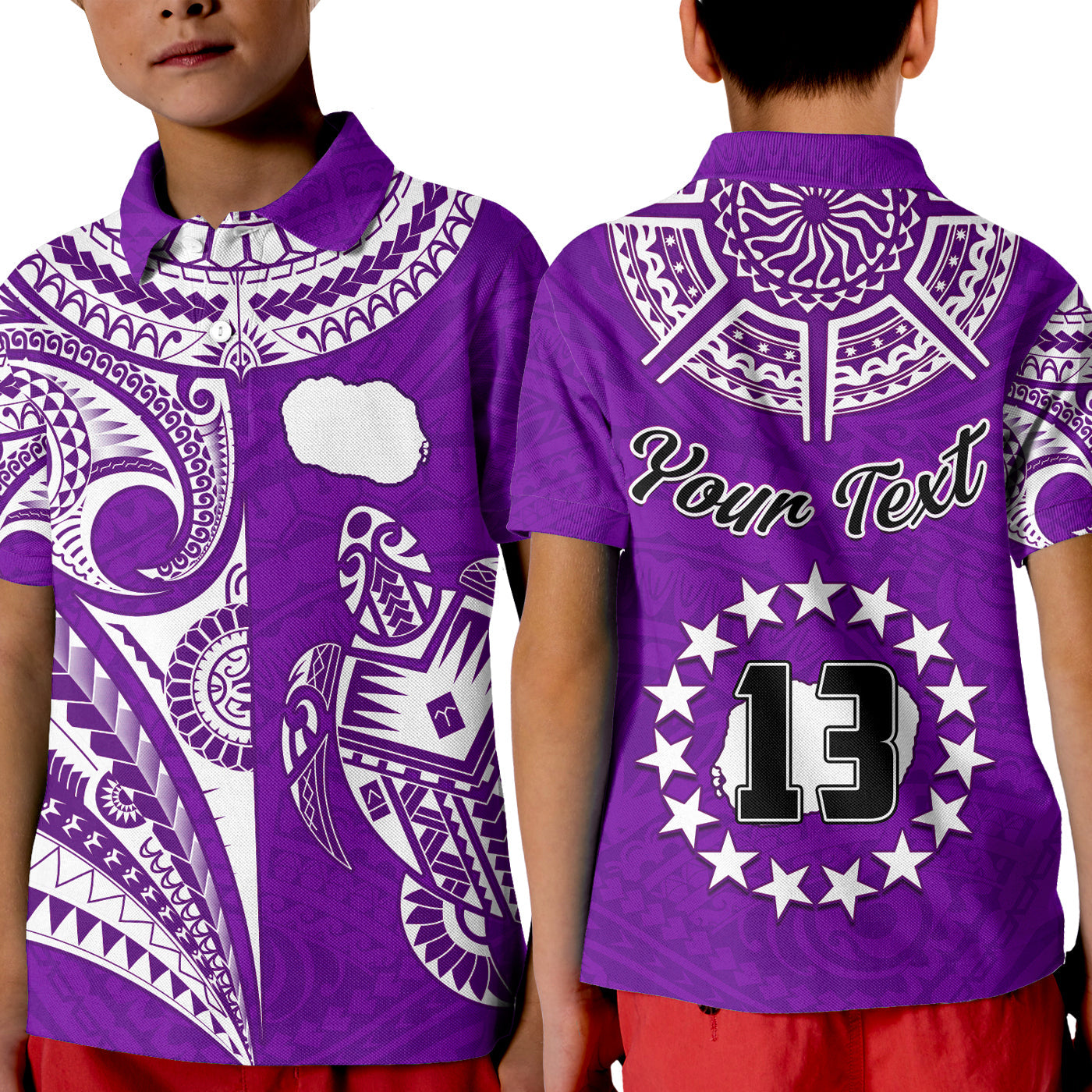 (Custom Text and Number) Rarotonga Cook Islands Polo Shirt KID Turtle and Map Style Purple LT13 Kid Purple - Polynesian Pride