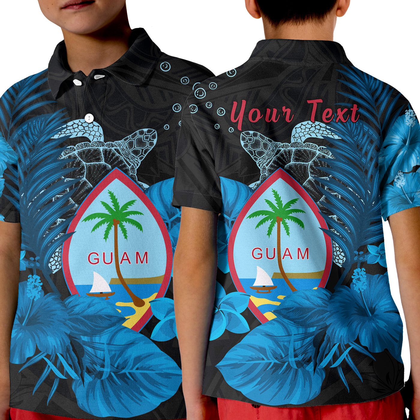 (Custom Personalised) Guam Seal Polo Shirt KID Polynesian Turtle with Flowers Version Blue LT13 Unisex Blue - Polynesian Pride