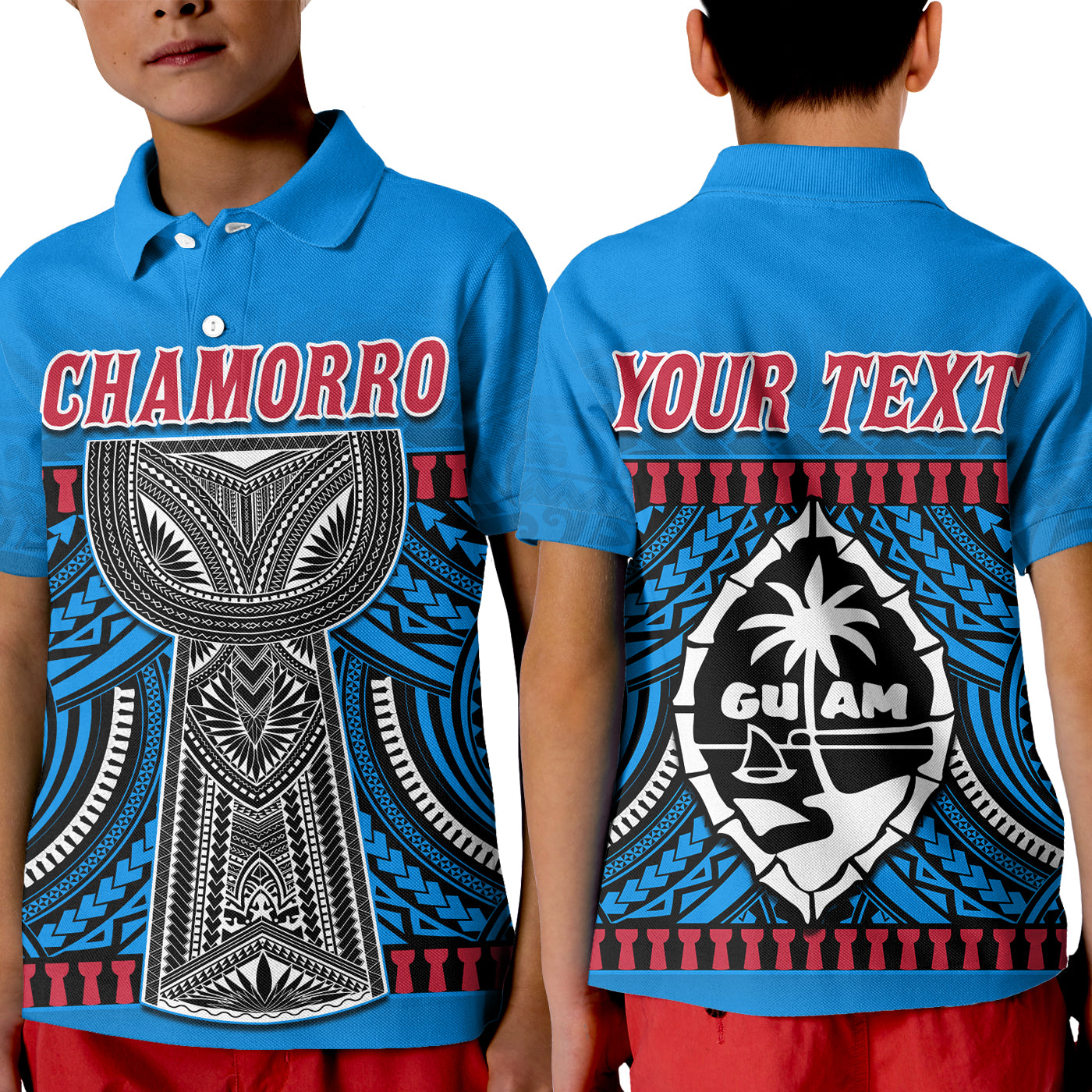 (Custom Personalised) Guam Chamorro Polo Shirt KID Latte Stone Blue Polynesian Haligi LT13 Kid Blue - Polynesian Pride