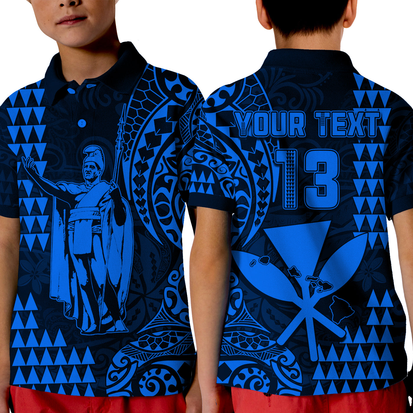 (Custom Text and Number) Hawaii Day Kakau Polo Shirt KID Proud To Be Hawaiian Blue King Kamehameha and Kanaka Maoli LT13 Kid Blue - Polynesian Pride