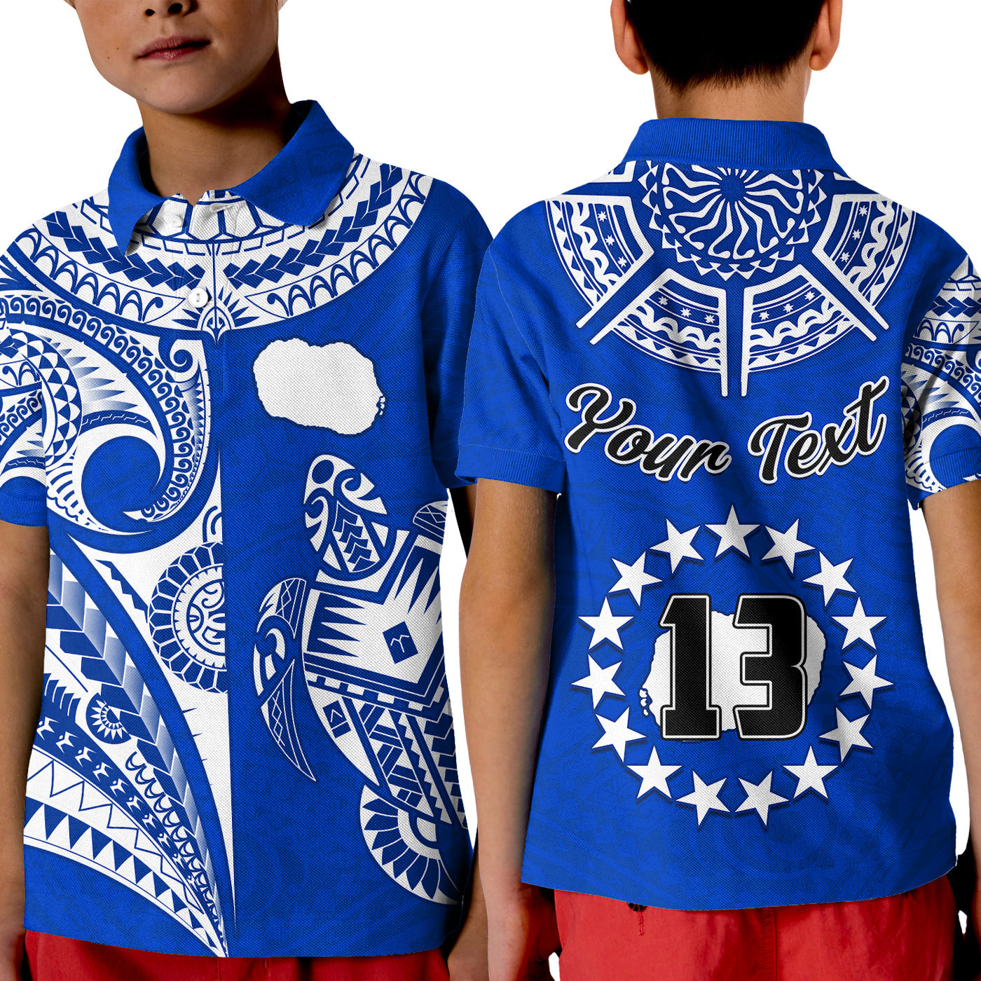 (Custom Text and Number) Rarotonga Cook Islands Polo Shirt KID Turtle and Map Style Blue LT13 Kid Blue - Polynesian Pride