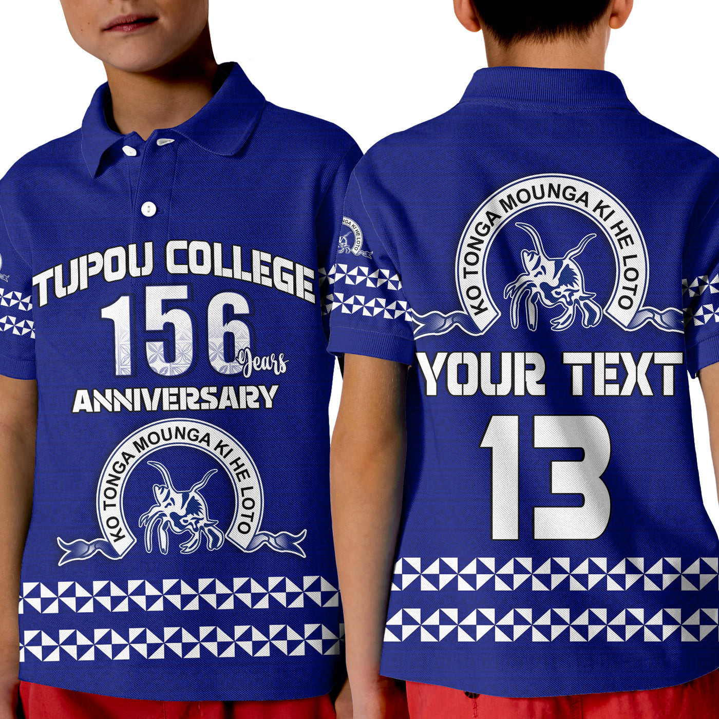 (Custom Text and Number) Tonga Tupou College Toloa Polo Shirt KID 156 Years Anniversary Tongan Ngatu LT13 Kid Blue - Polynesian Pride