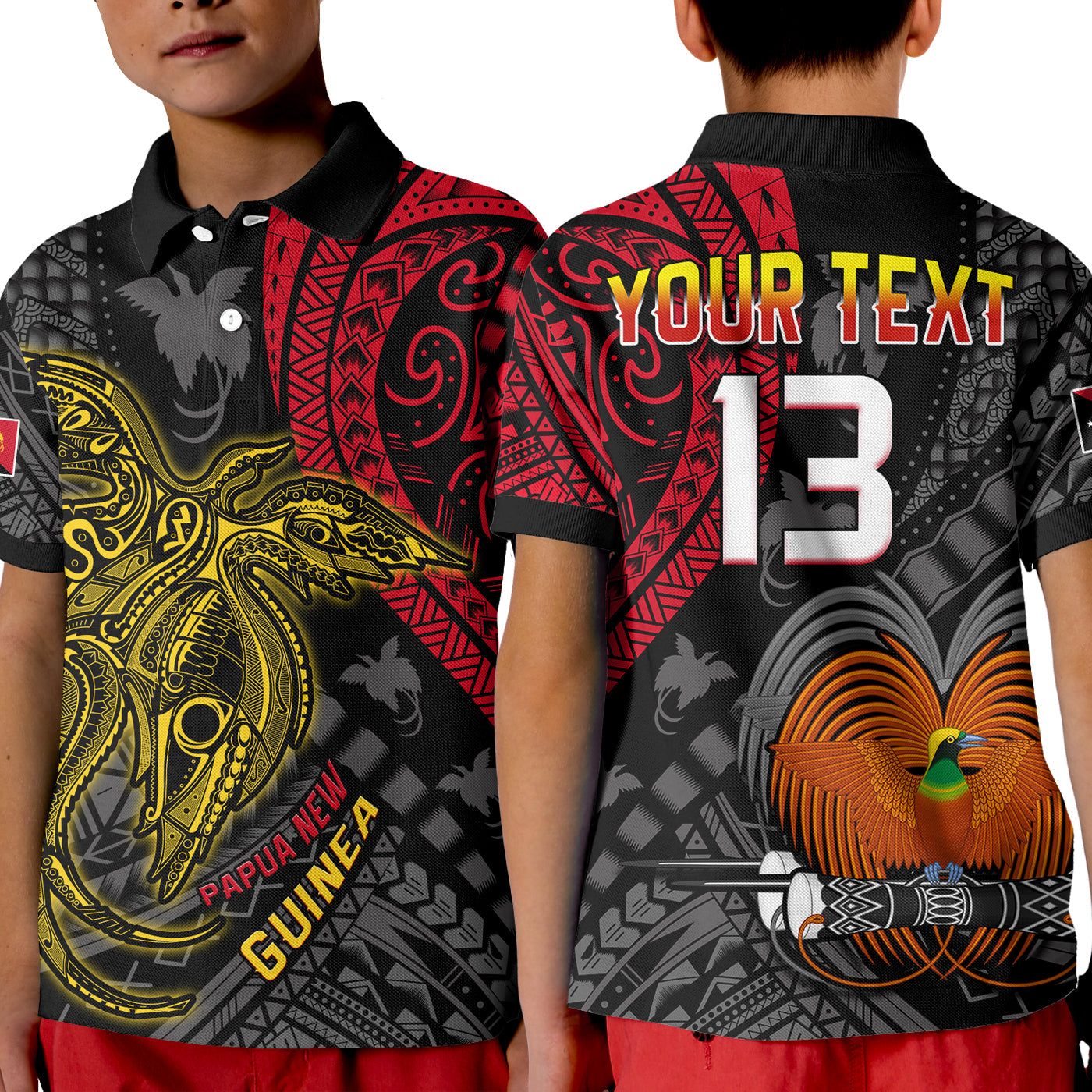 (Custom Text and Number) Papua New Guinea Polo Shirt KID Raggiana Birds Of Paradise Happy 47th Independence Day LT13 Kid Black - Polynesian Pride