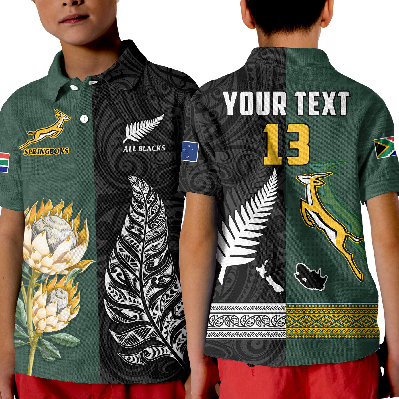 (Custom Text and Number) South Africa Protea and New Zealand Fern Polo Shirt KID Rugby Go Springboks vs All Black LT13 Kid Art - Polynesian Pride