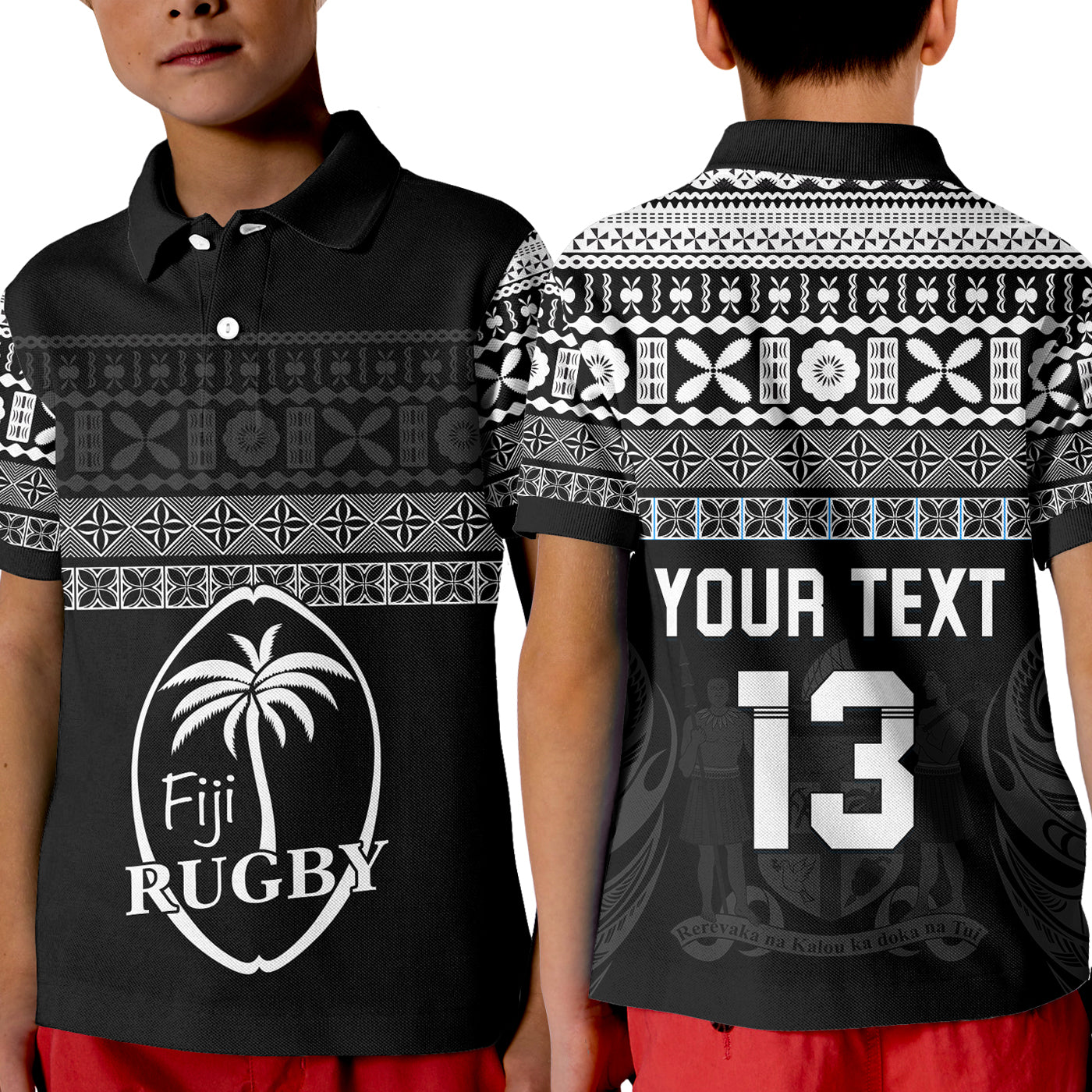 (Custom Text and Number) Fiji Rugby Polo Shirt KID Lifestyle 2022 Flying Fijians LT13 Unisex Black - Polynesian Pride