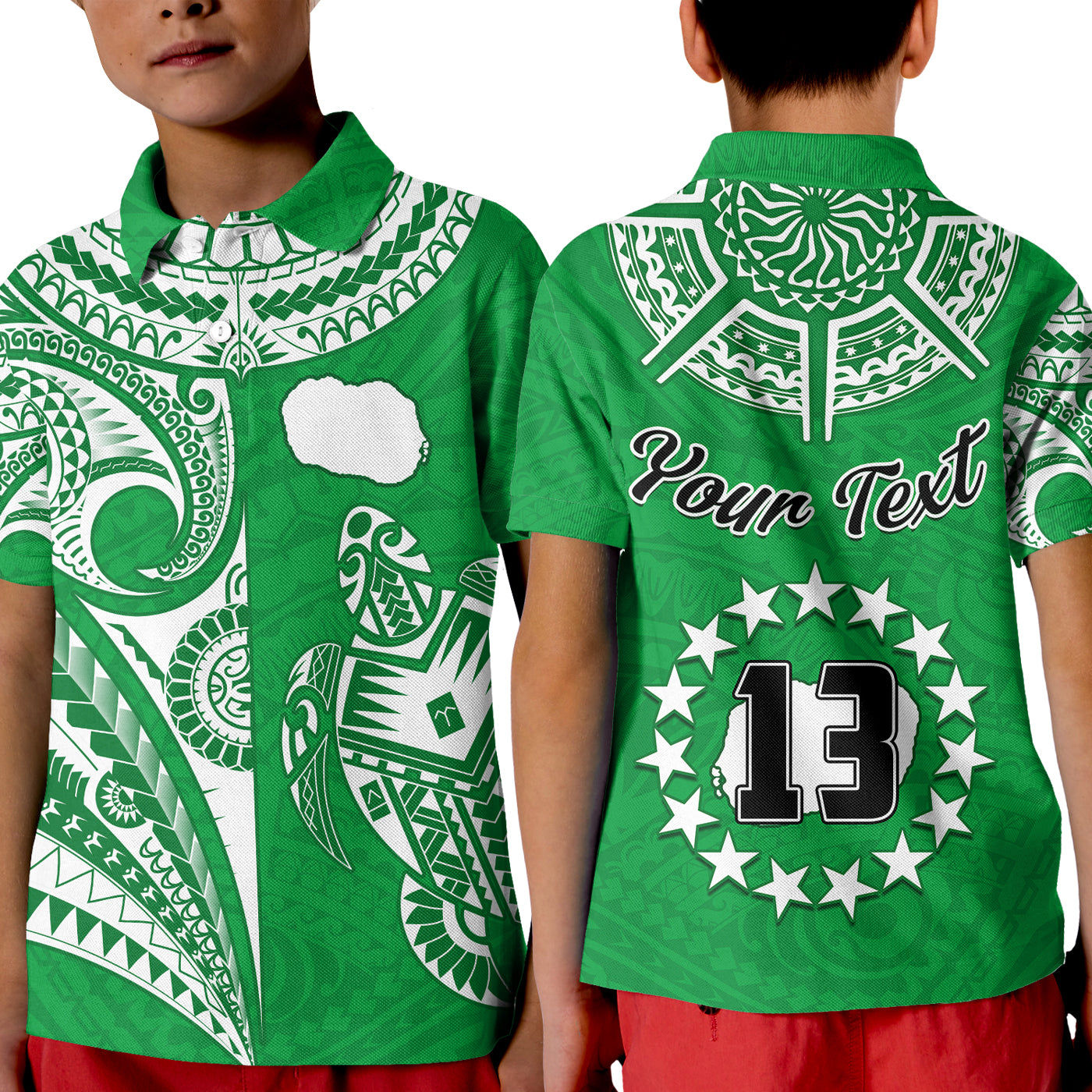 (Custom Text and Number) Rarotonga Cook Islands Polo Shirt KID Turtle and Map Style Green LT13 Kid Green - Polynesian Pride