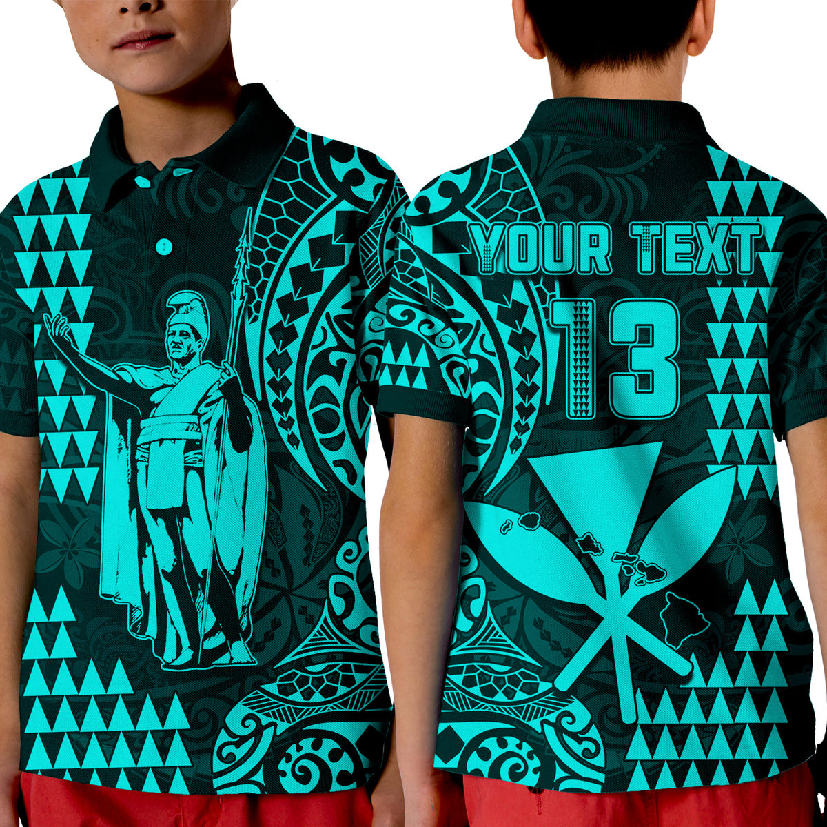 (Custom Text and Number) Hawaii Day Kakau Polo Shirt Proud To Be Hawaiian Turquoise King Kamehameha and Kanaka Maoli LT13 - Polynesian Pride