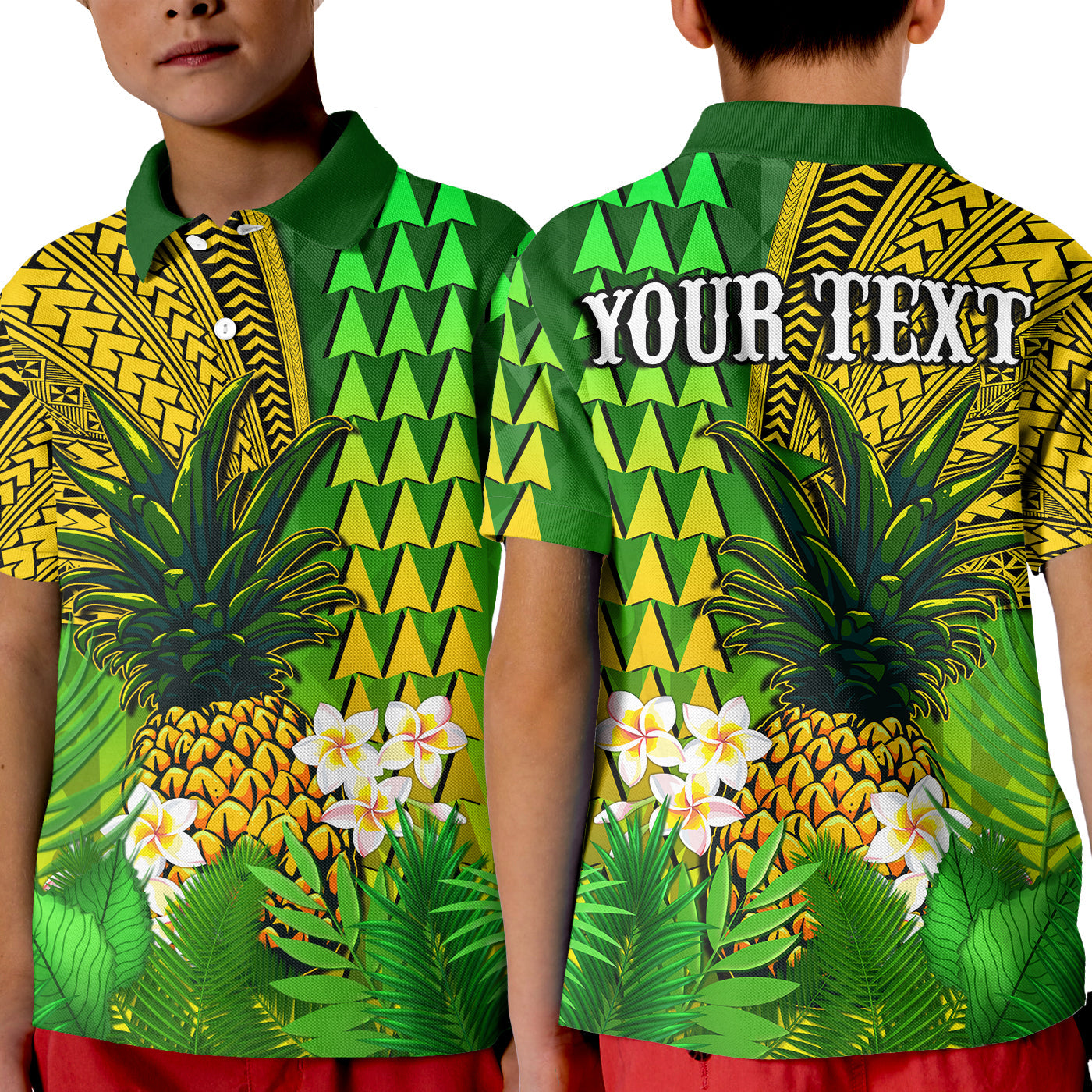 (Custom Personalised) Hawaii Pineapple Polo Shirt KID Plumeria Frangipani Mix Tribal Pattern LT13 Kid Green - Polynesian Pride