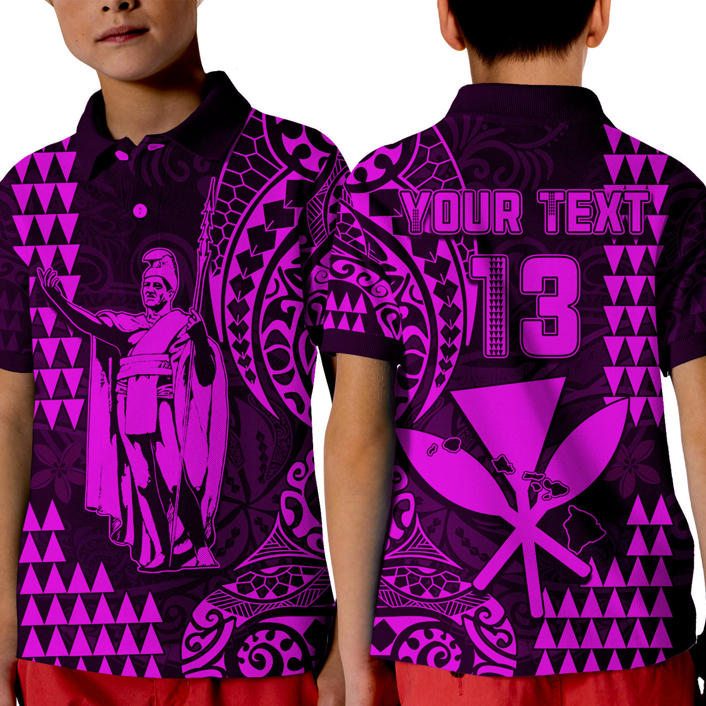 (Custom Text and Number) Hawaii Day Kakau Polo Shirt KID Proud To Be Hawaiian Purple King Kamehameha and Kanaka Maoli LT13 Kid Purple - Polynesian Pride