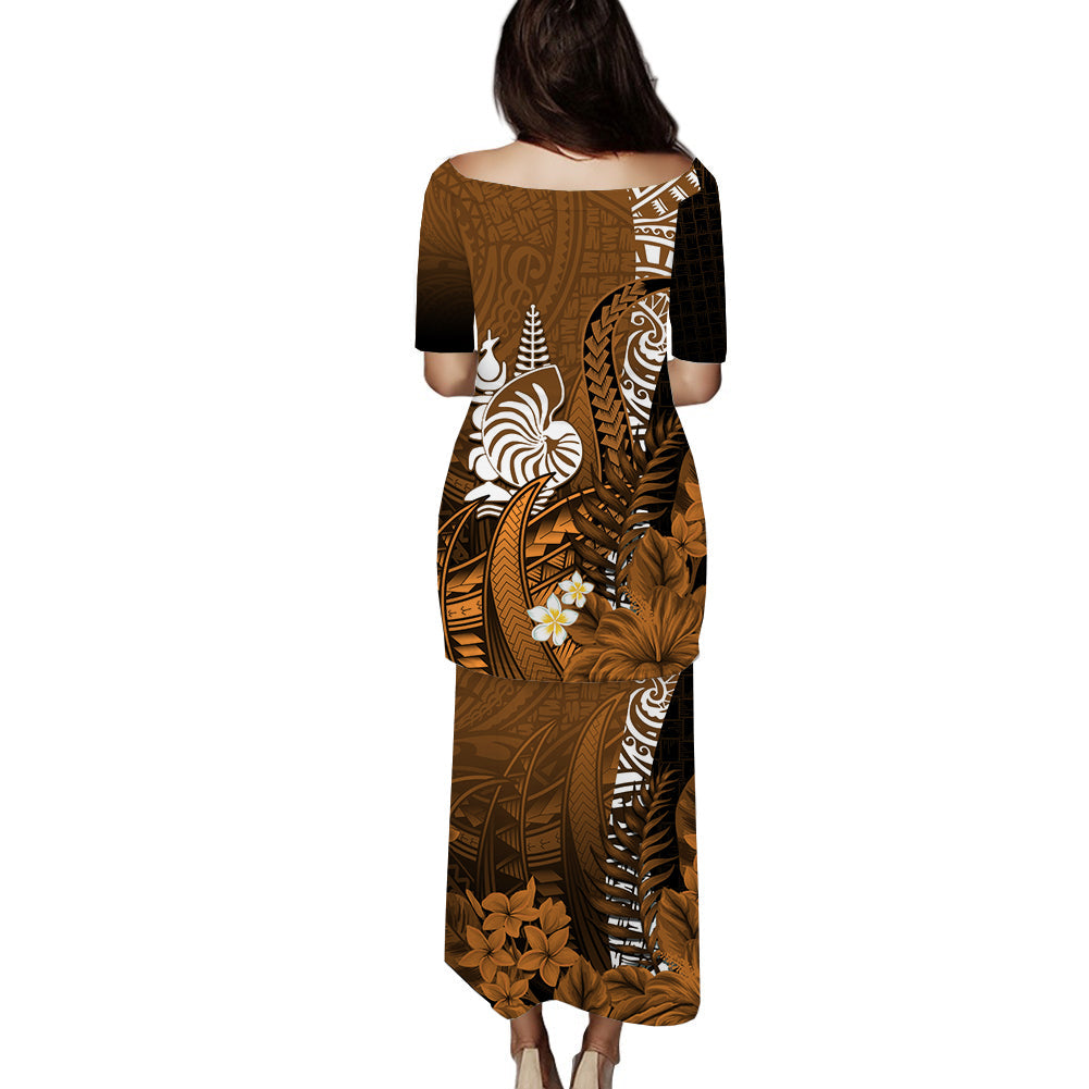 (Custom Personalised) New Caledonia Puletasi Dress Nautilus Gold Polynesian Hibiscus LT13 - Polynesian Pride