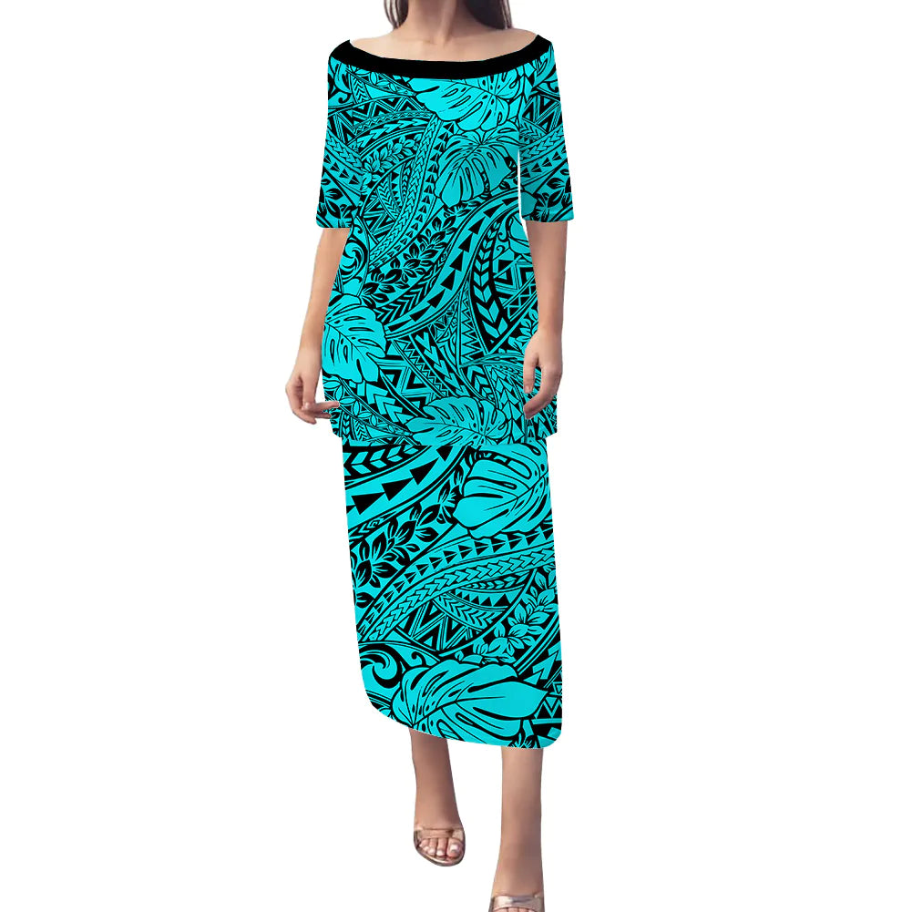 (Custom Personalised) Hawaii Puletasi Dress Polynesian Tribal Art Ver.01 LT14 Long Dress Turquoise - Polynesian Pride