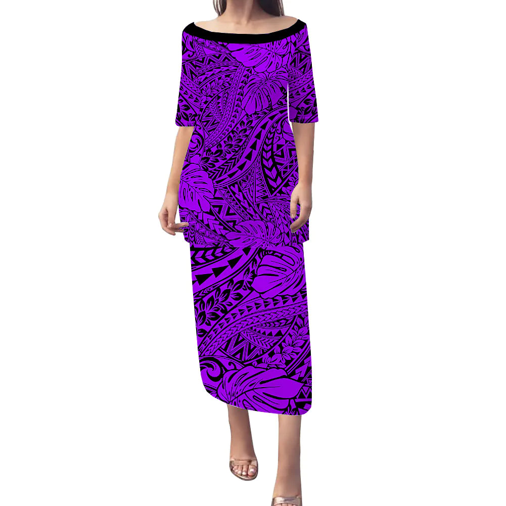 (Custom Personalised) Hawaii Puletasi Dress Polynesian Tribal Art Ver.03 LT14 Long Dress Purple - Polynesian Pride